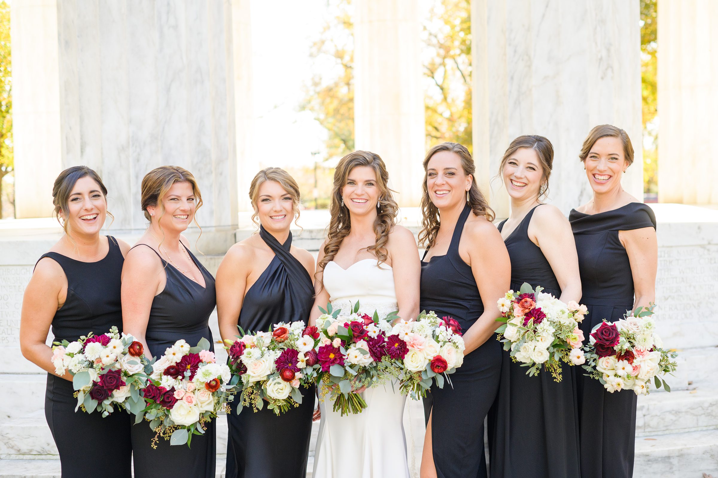 Burgundy and white Fall wedding day portraits and details featuring Mayflower Hotel DC wedding photos photographed by Baltimore wedding photographer Cait Kramer Photography