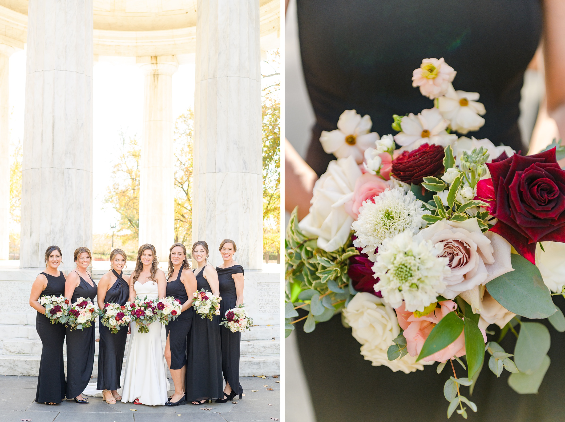 Burgundy and white Fall wedding day portraits and details featuring Mayflower Hotel DC wedding photos photographed by Baltimore wedding photographer Cait Kramer Photography