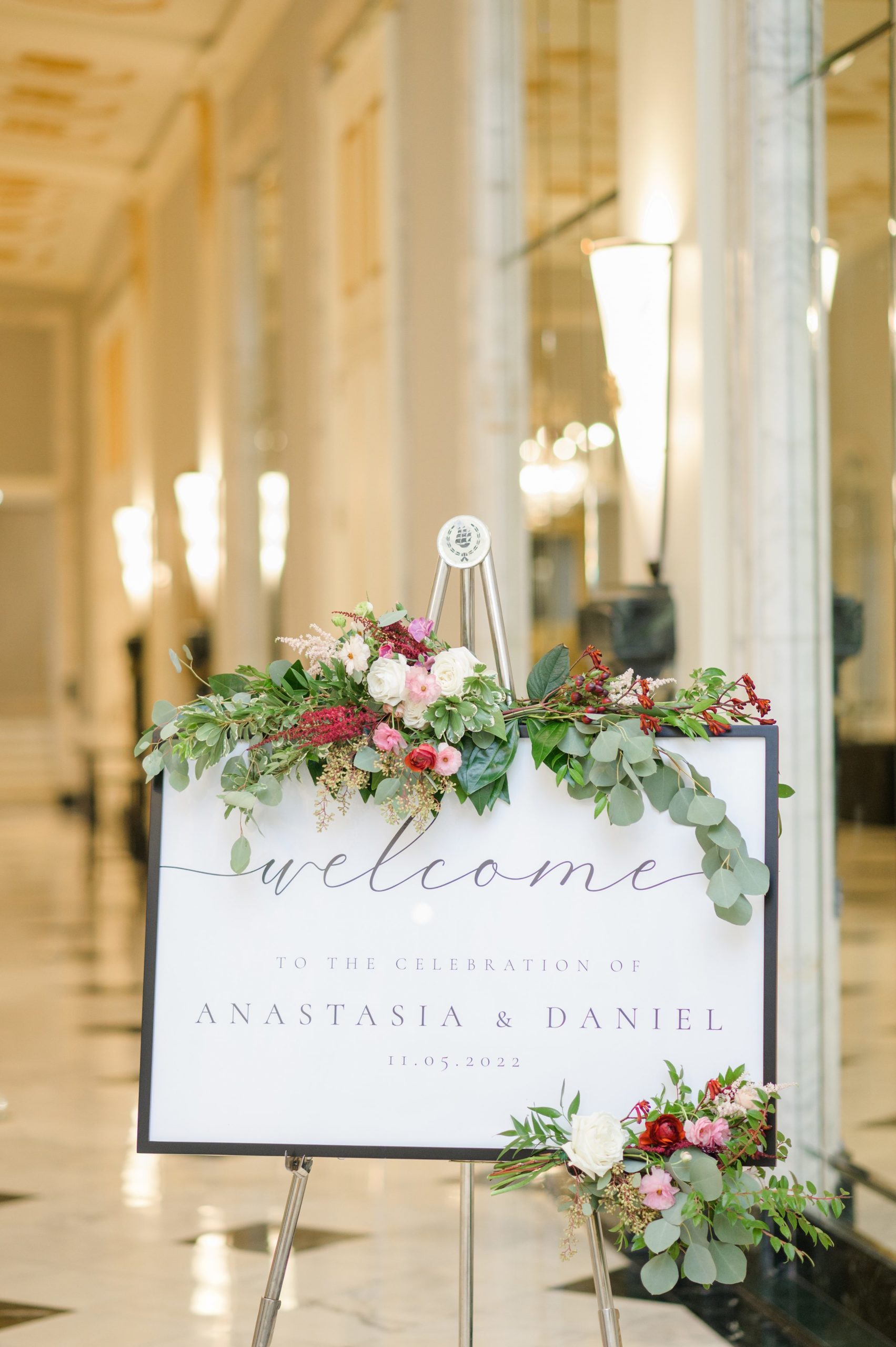 Burgundy and white Fall wedding day portraits and details featuring Mayflower Hotel DC wedding photos photographed by Baltimore wedding photographer Cait Kramer Photography