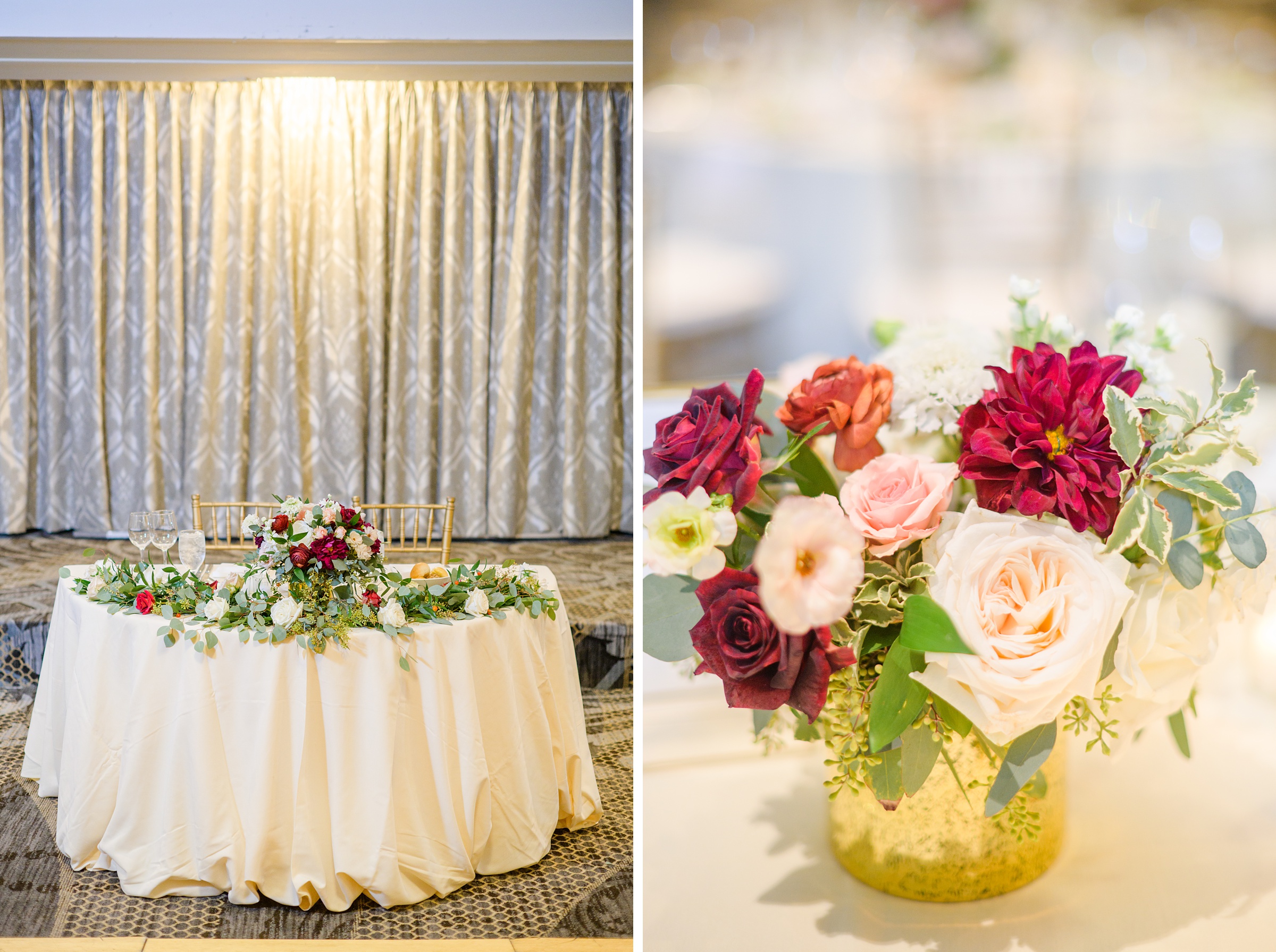 Burgundy and white Fall wedding day portraits and details featuring Mayflower Hotel DC wedding photos photographed by Baltimore wedding photographer Cait Kramer Photography