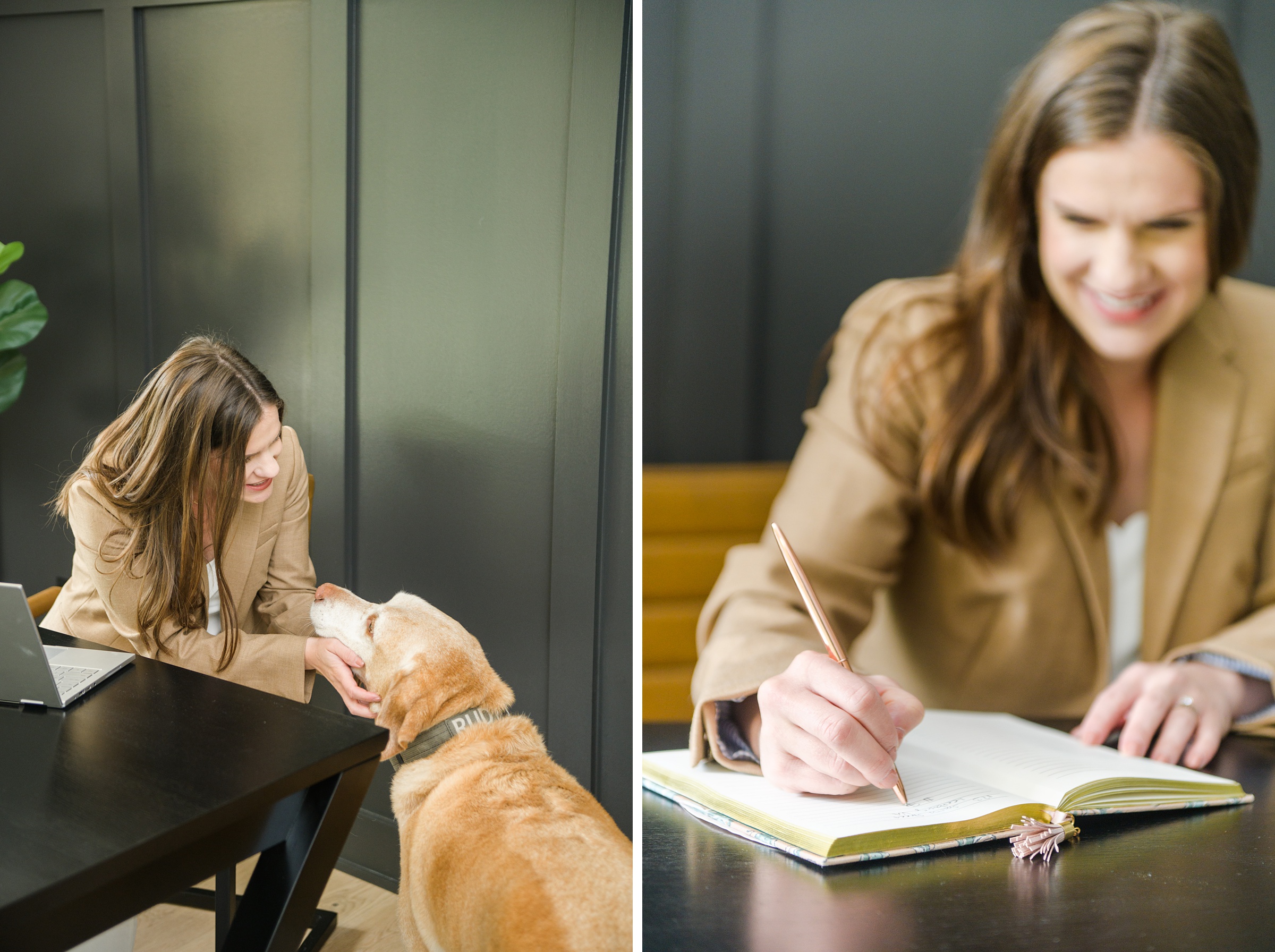 Stacey Caito, Chantilly Realtor, works and snuggles her dog during her brand session photographed by Virginia brand photographer, Cait Kramer Photography