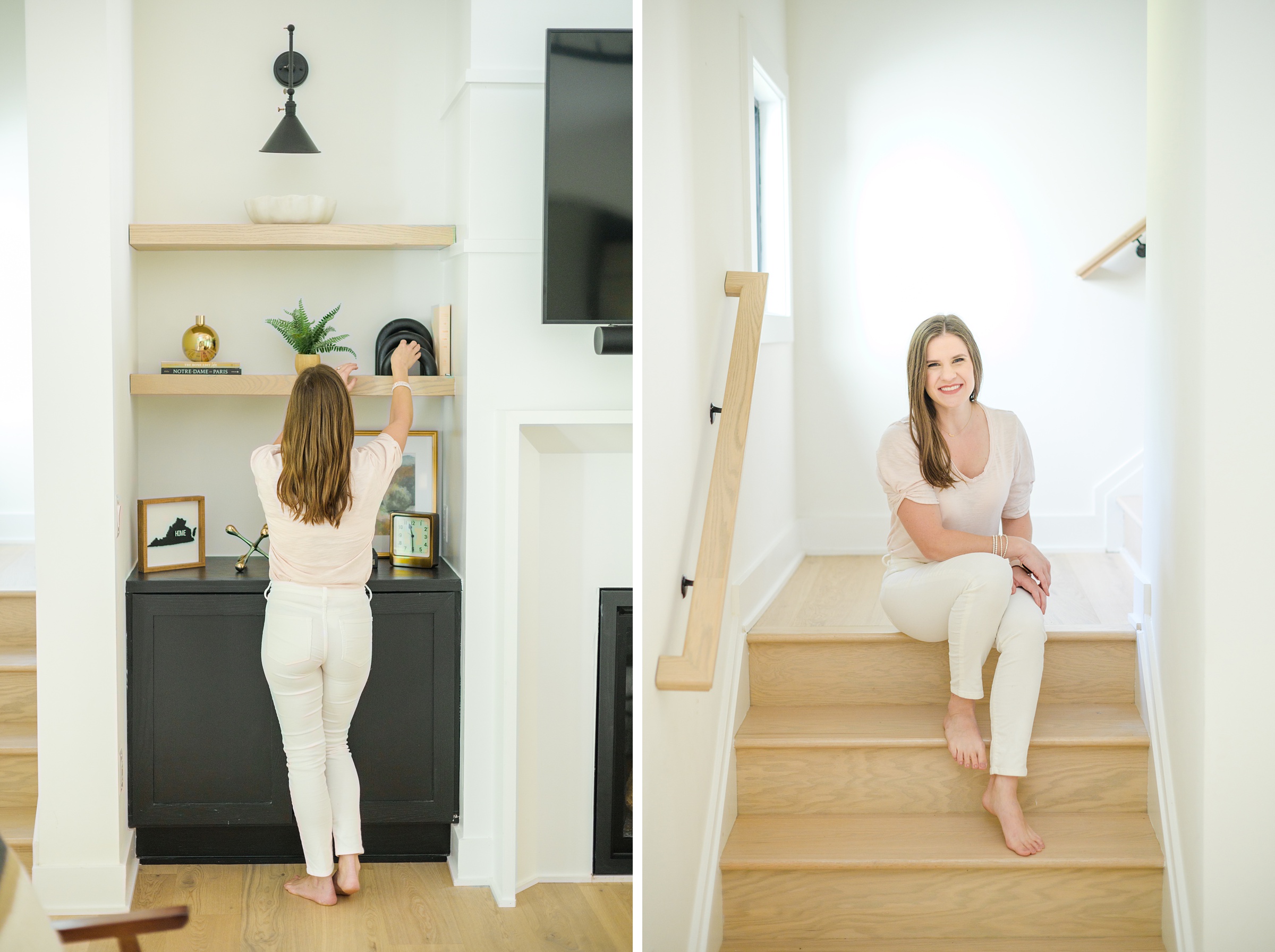 Stacey Caito, Chantilly Realtor, styles a shelf during her brand session photographed by Virginia brand photographer, Cait Kramer Photography