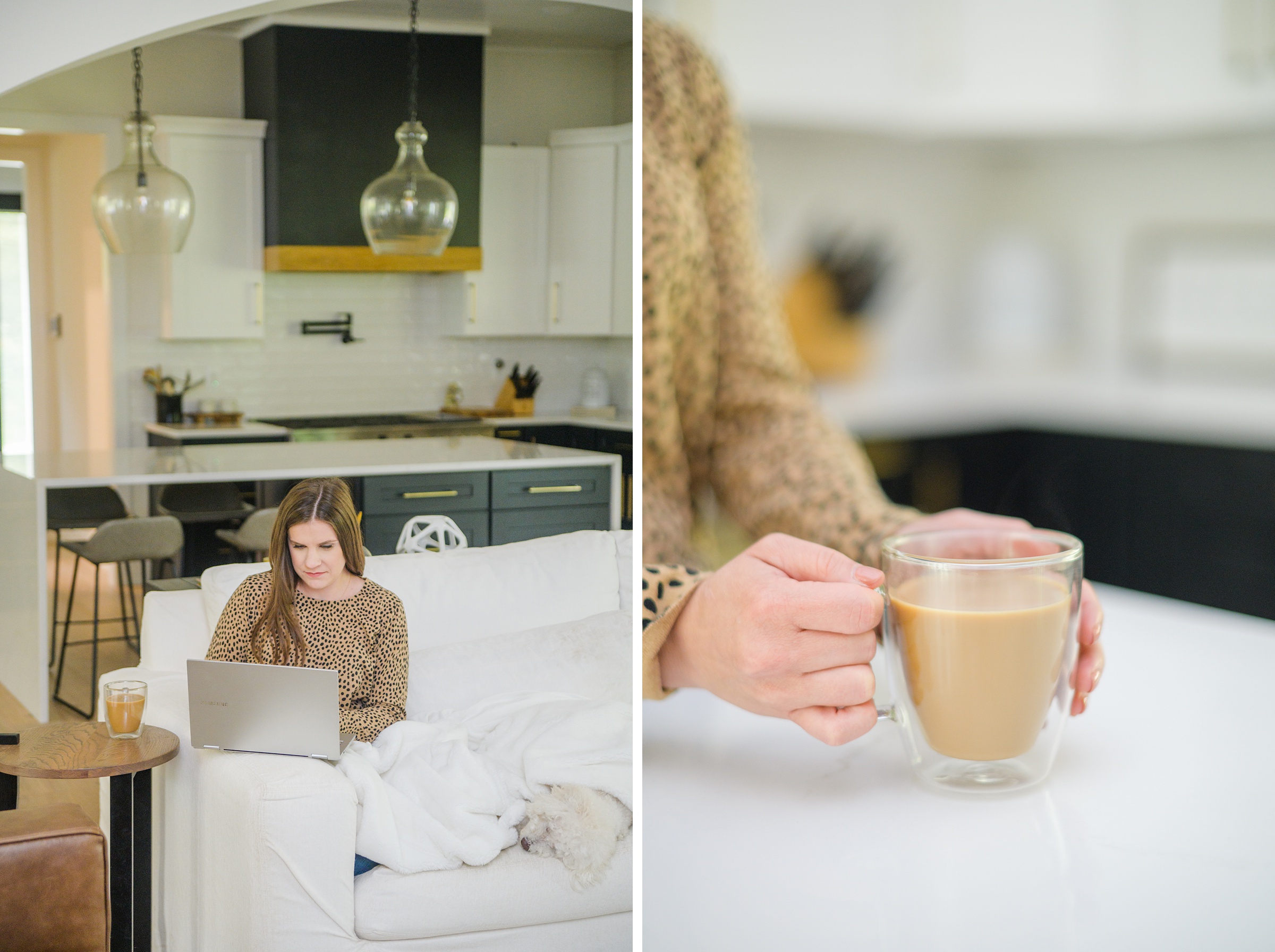 Stacey Caito, Chantilly Realtor, works with coffee during her brand session photographed by Virginia brand photographer, Cait Kramer Photography