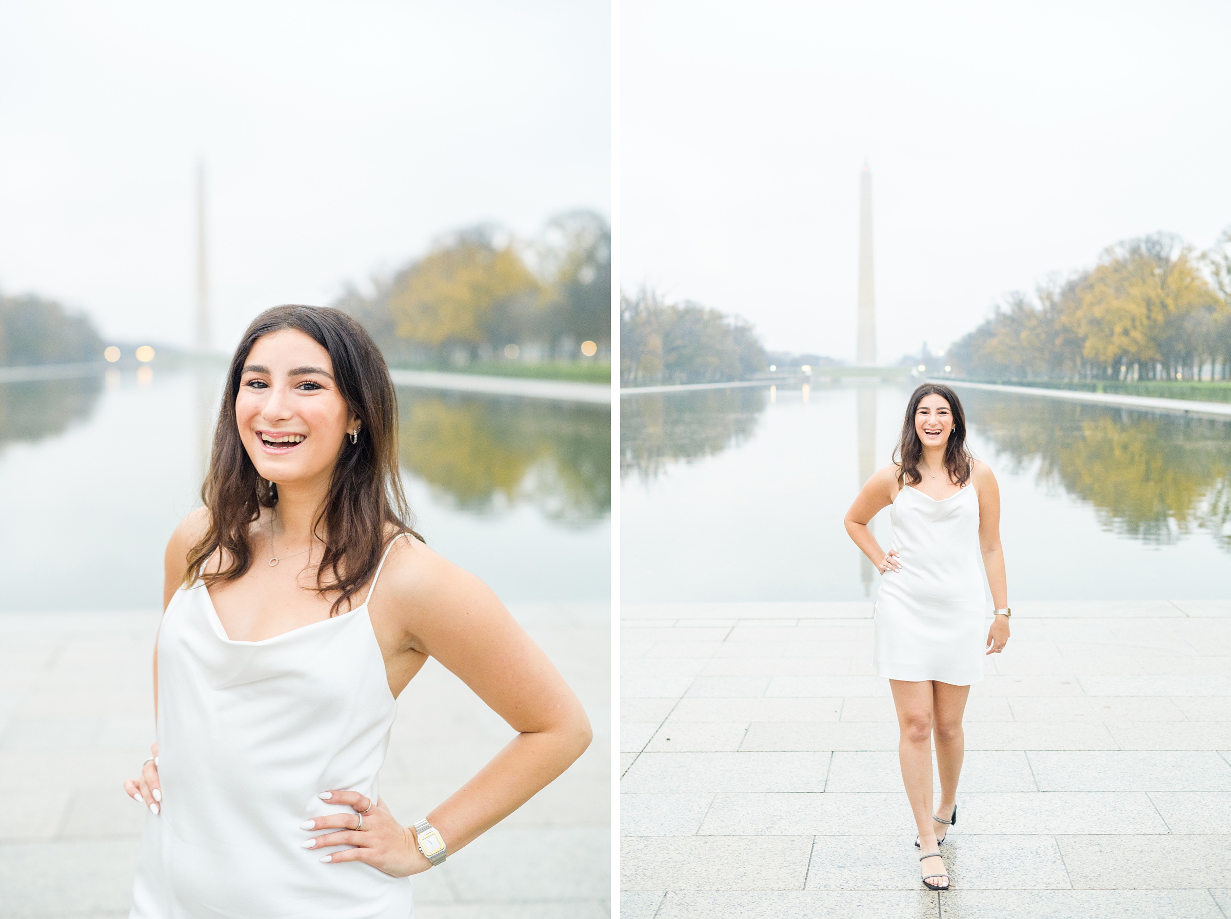 American University senior poses at the Lincoln Memorial in graduation attire during Washington DC Grad Session photographed by Cait Kramer