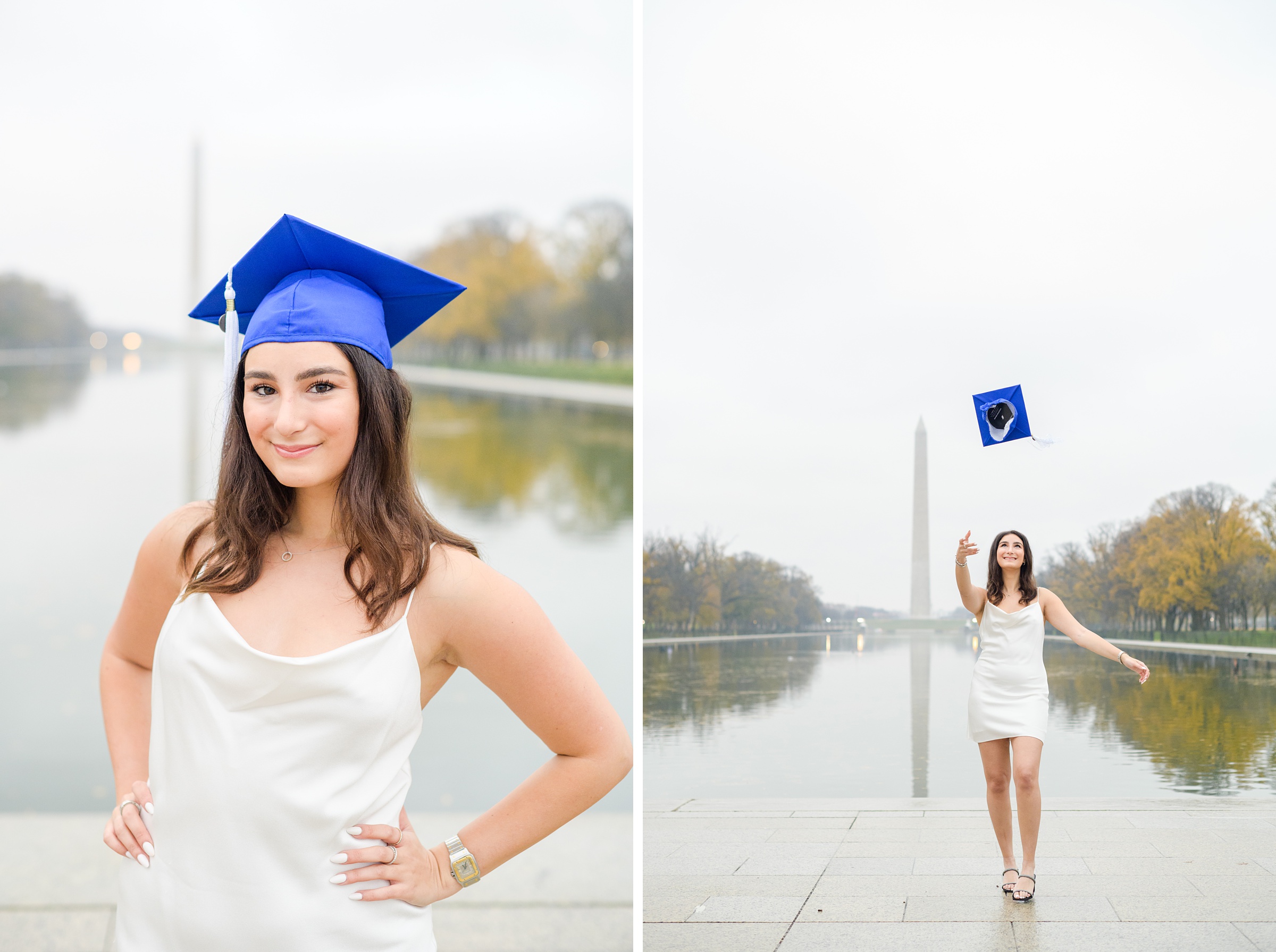 American University senior poses at the Lincoln Memorial in graduation attire during Washington DC Grad Session photographed by Cait Kramer