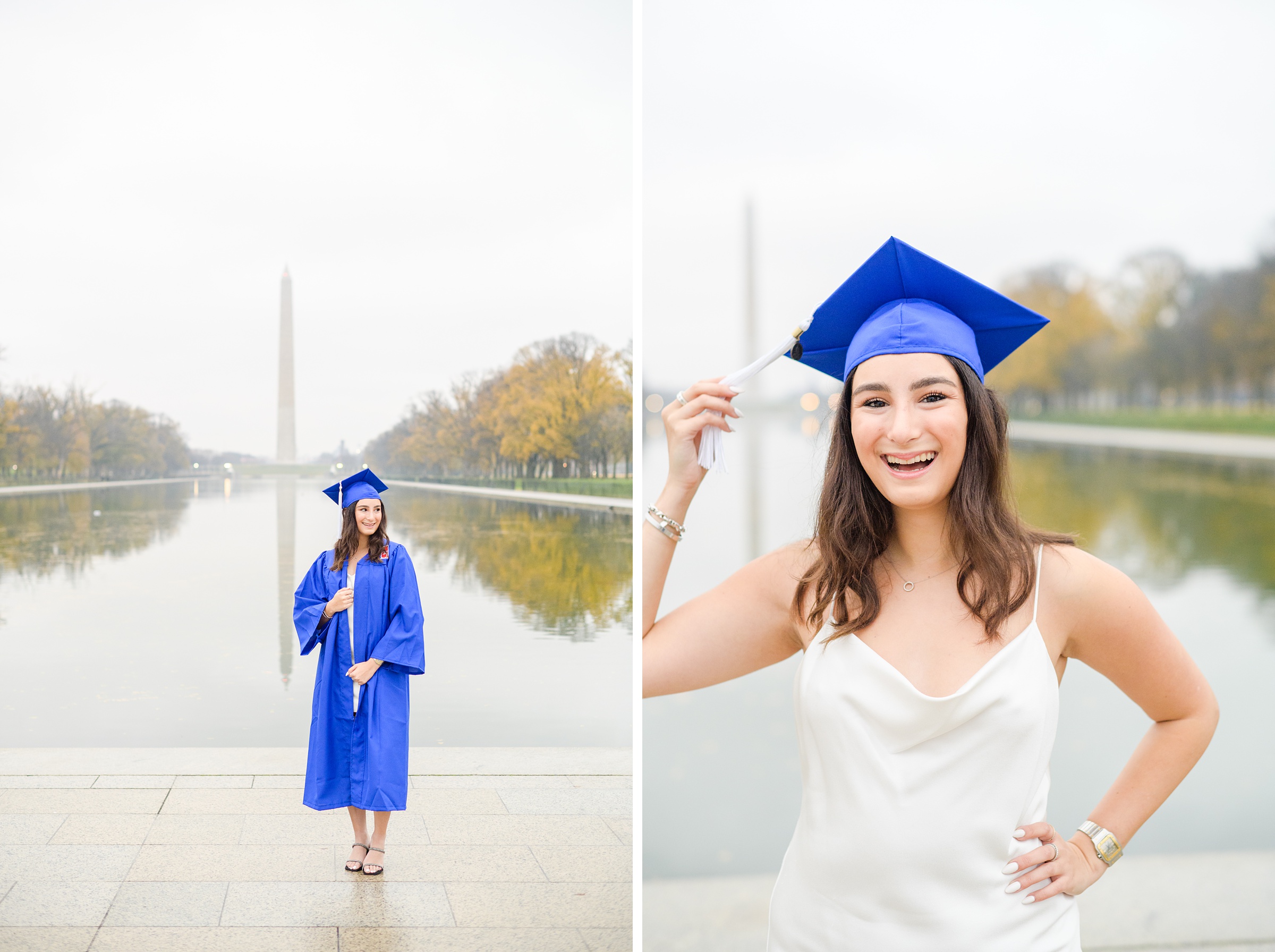 American University senior poses at the Lincoln Memorial in graduation attire during Washington DC Grad Session photographed by Cait Kramer