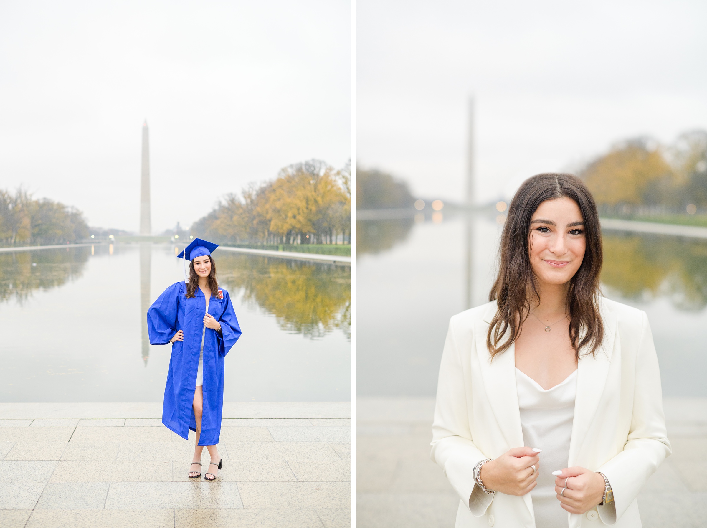 American University senior poses at the Lincoln Memorial in graduation attire during Washington DC Grad Session photographed by Cait Kramer