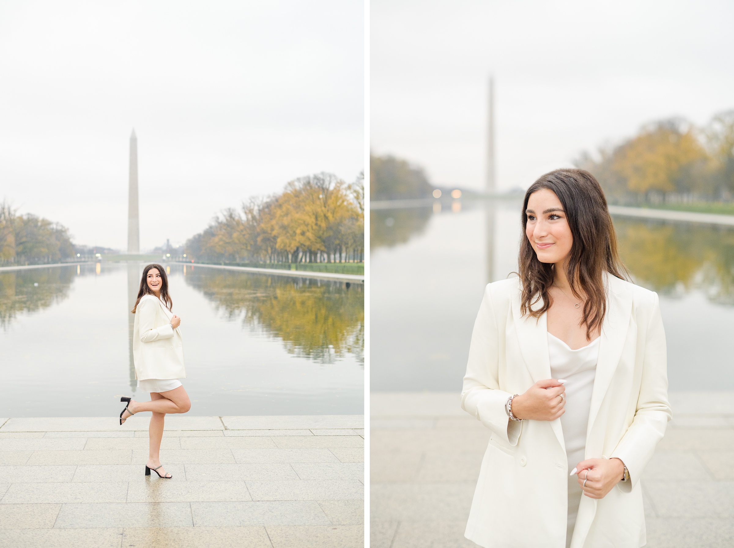 American University senior poses at the Lincoln Memorial in graduation attire during Washington DC Grad Session photographed by Cait Kramer