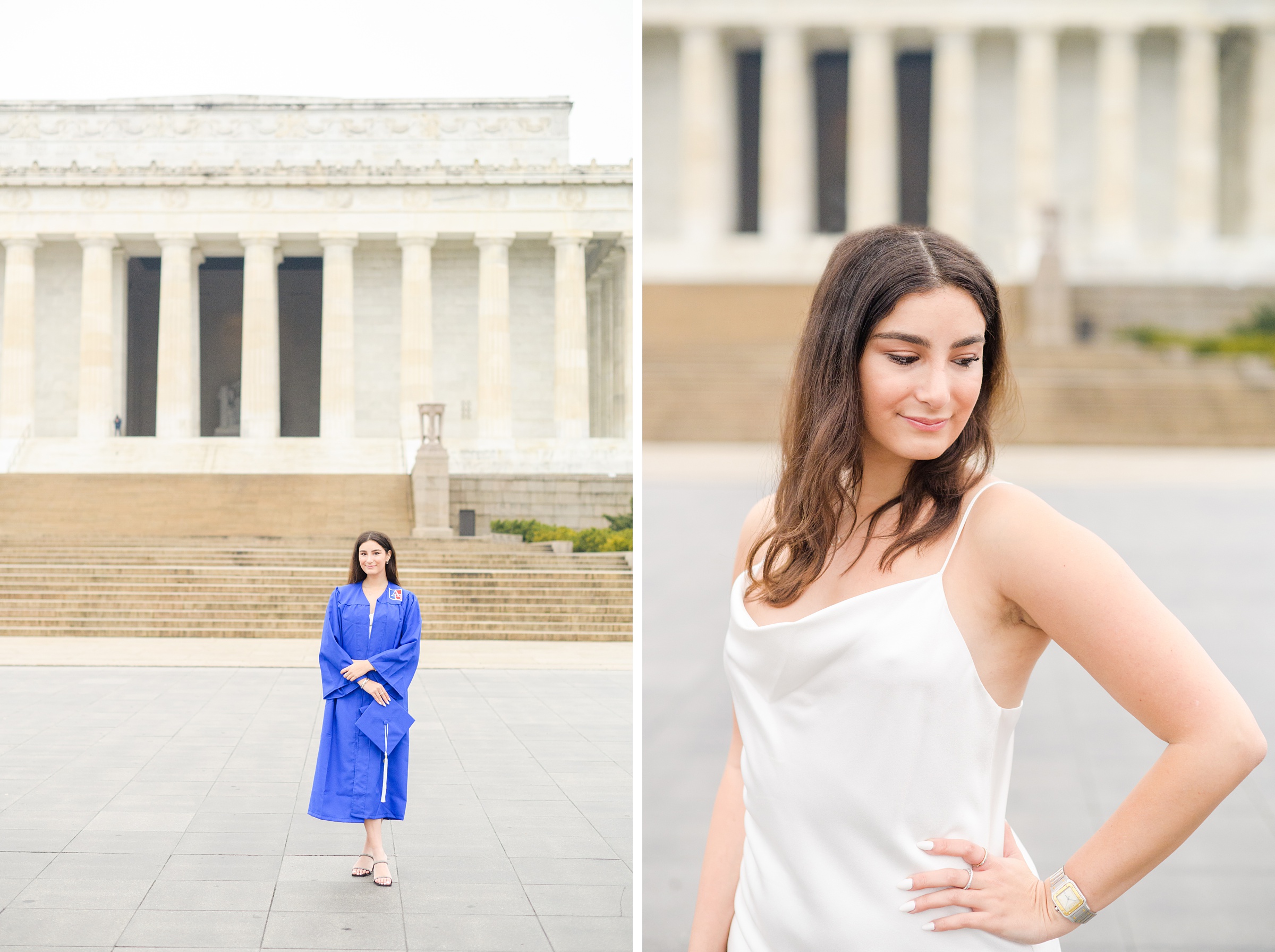 American University senior poses at the Lincoln Memorial in graduation attire during Washington DC Grad Session photographed by Cait Kramer