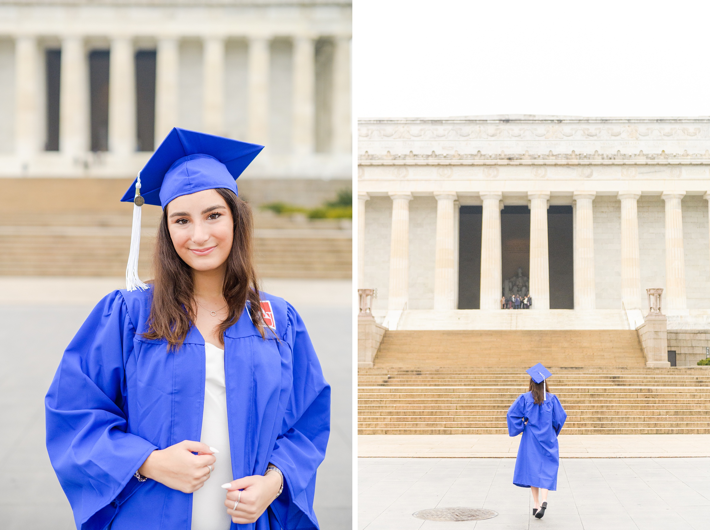 American University senior poses at the Lincoln Memorial in graduation attire during Washington DC Grad Session photographed by Cait Kramer