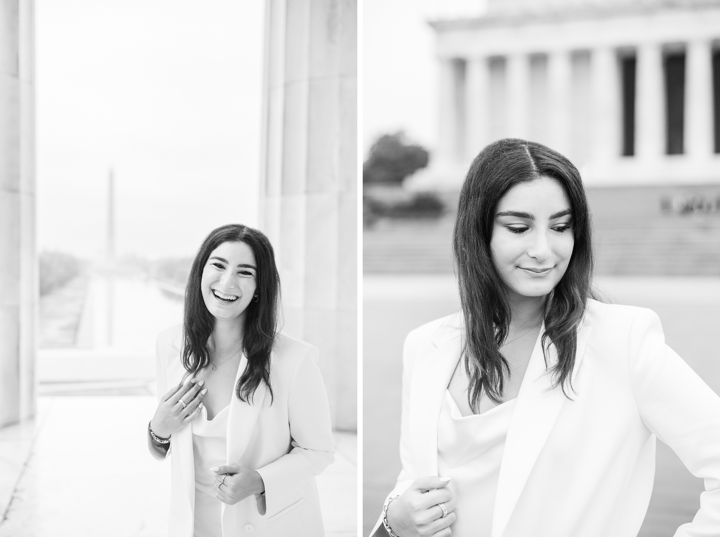 American University senior poses at the Lincoln Memorial in graduation attire during Washington DC Grad Session photographed by Cait Kramer