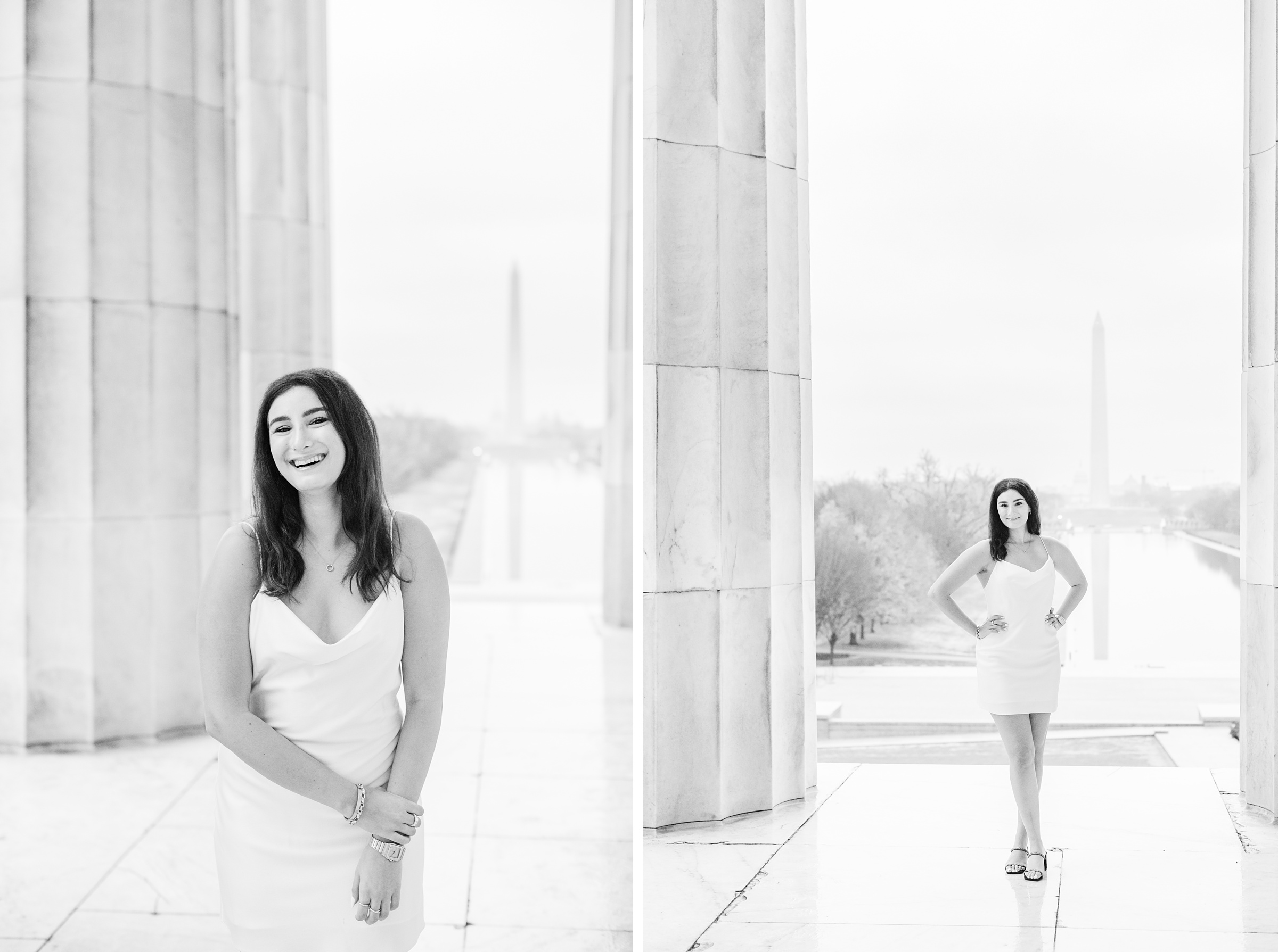 American University senior poses at the Lincoln Memorial in graduation attire during Washington DC Grad Session photographed by Cait Kramer