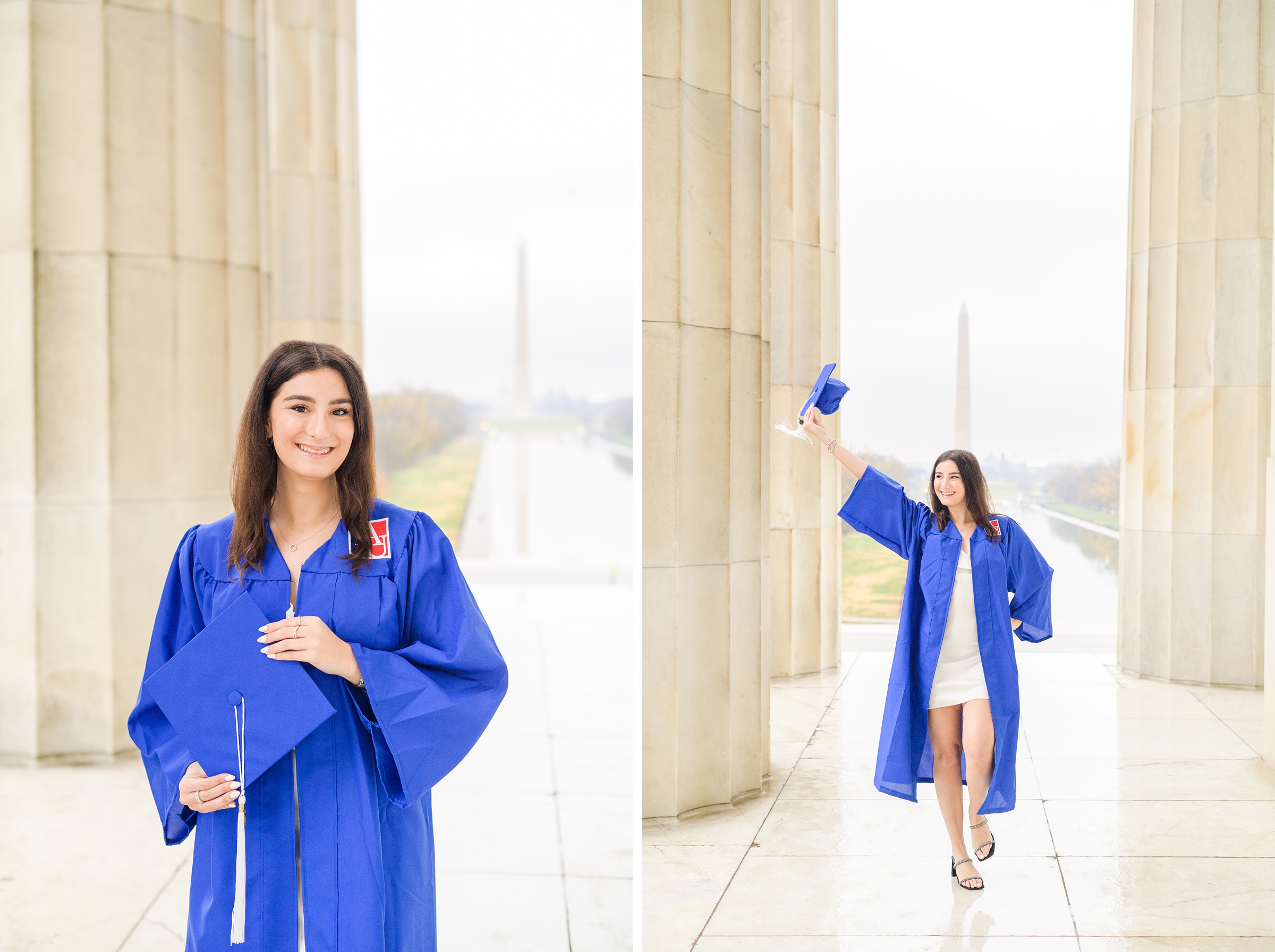 American University senior poses at the Lincoln Memorial in graduation attire during Washington DC Grad Session photographed by Cait Kramer