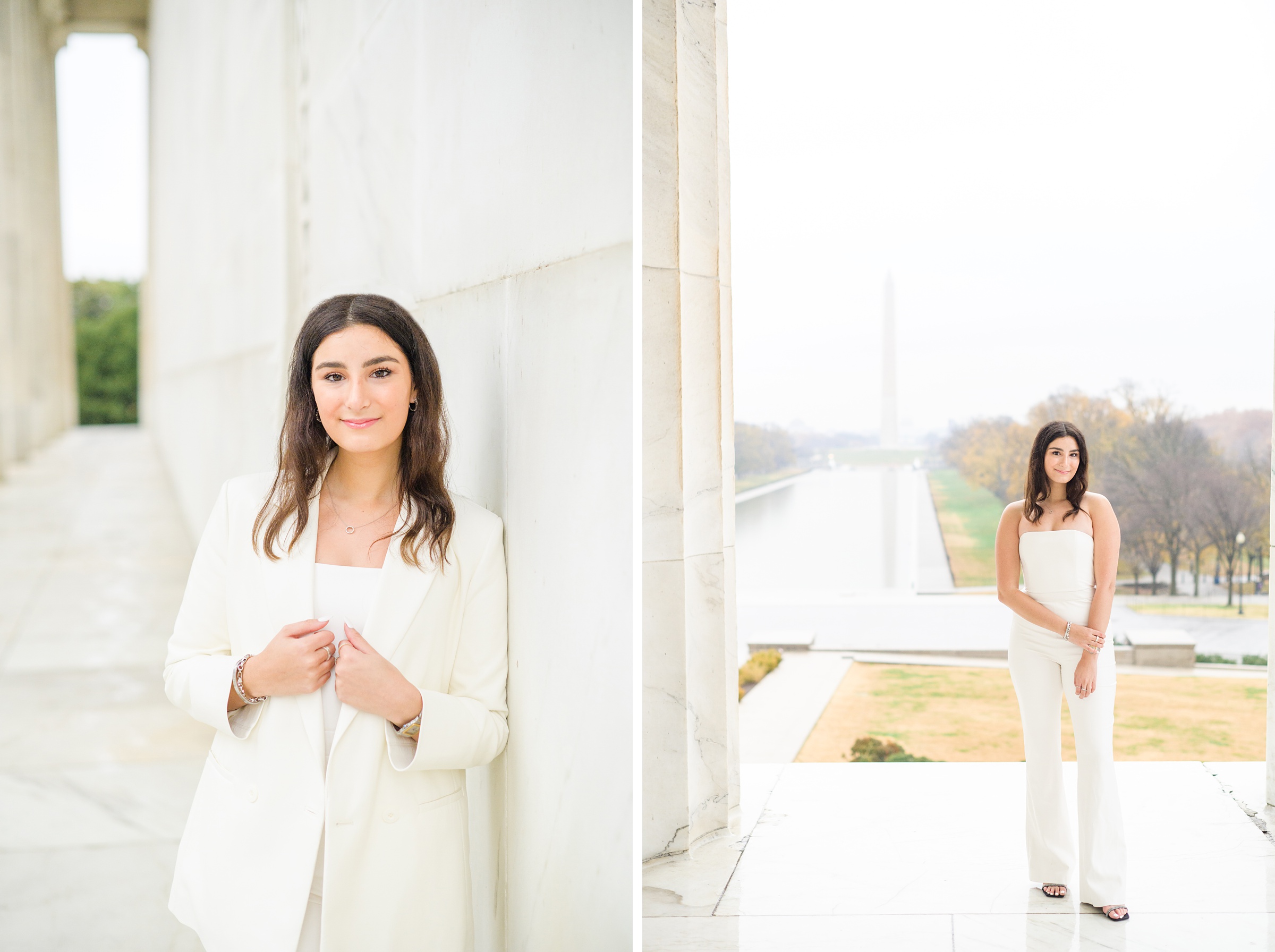 American University senior poses at the Lincoln Memorial in graduation attire during Washington DC Grad Session photographed by Cait Kramer