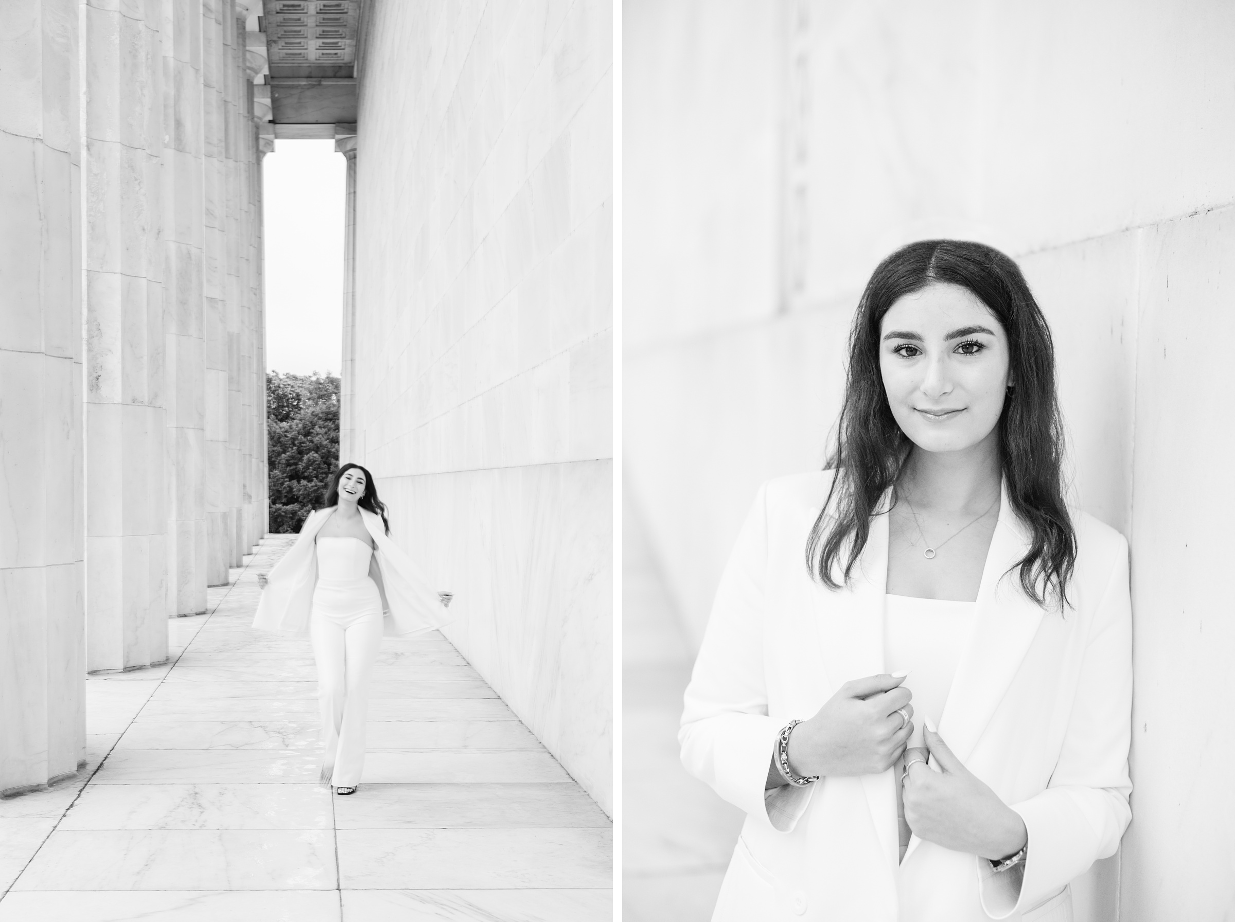 American University senior poses at the Lincoln Memorial in graduation attire during Washington DC Grad Session photographed by Cait Kramer