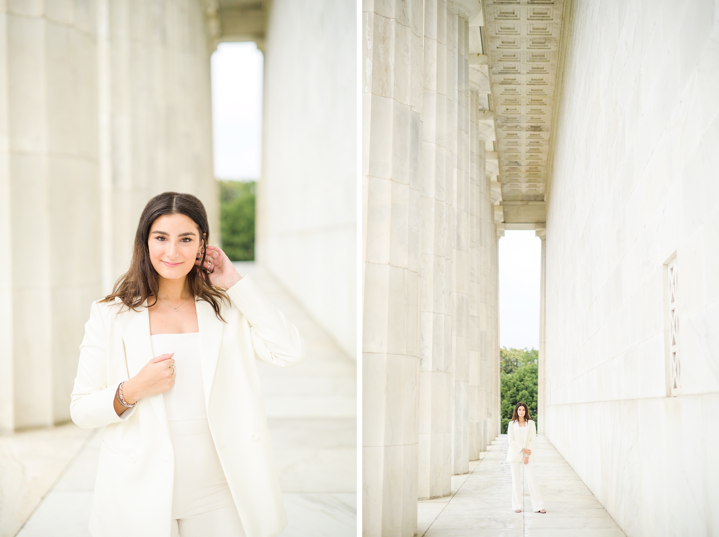 American University senior poses at the Lincoln Memorial in graduation attire during Washington DC Grad Session photographed by Cait Kramer