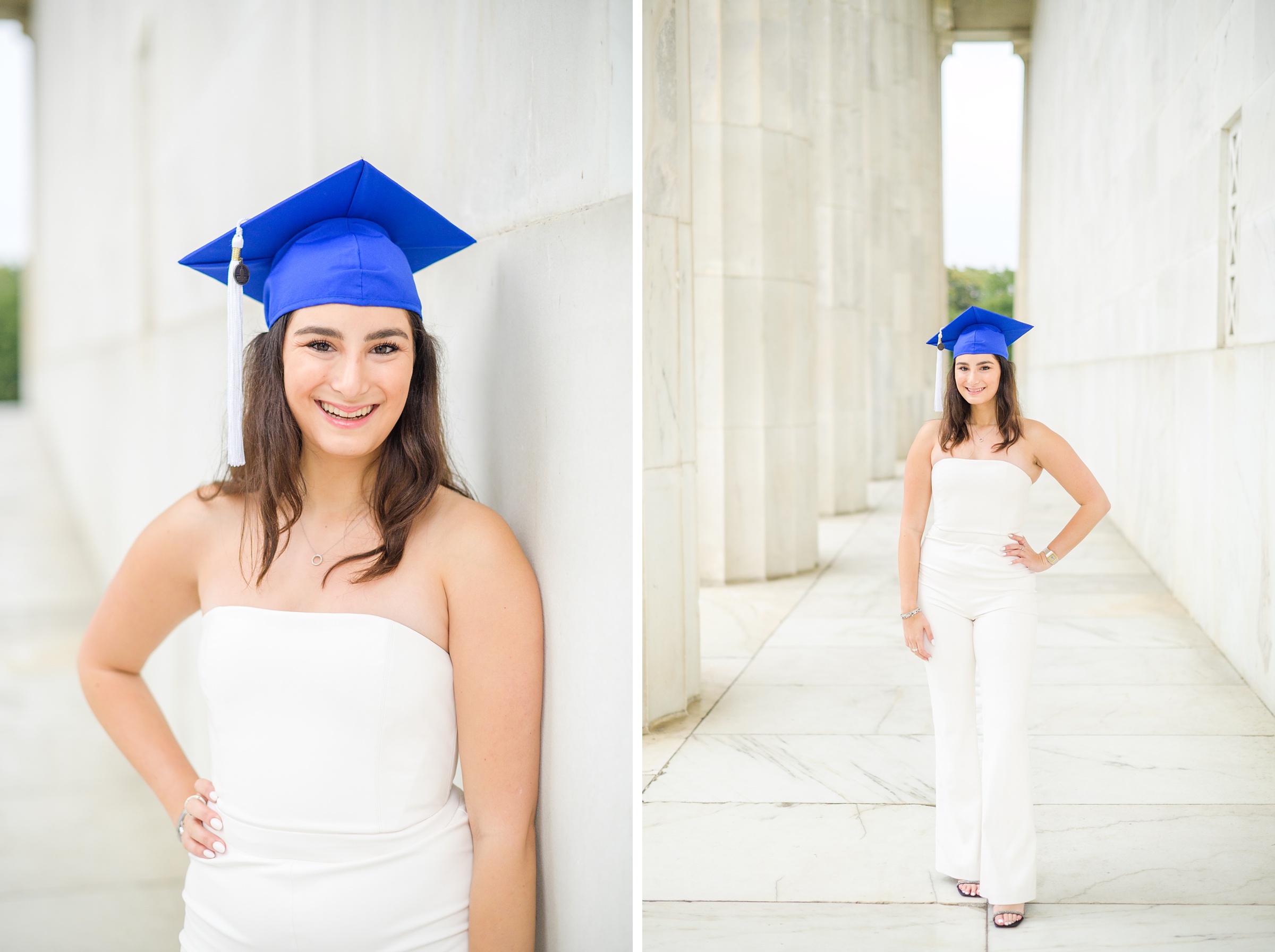 American University senior poses at the Lincoln Memorial in graduation attire during Washington DC Grad Session photographed by Cait Kramer