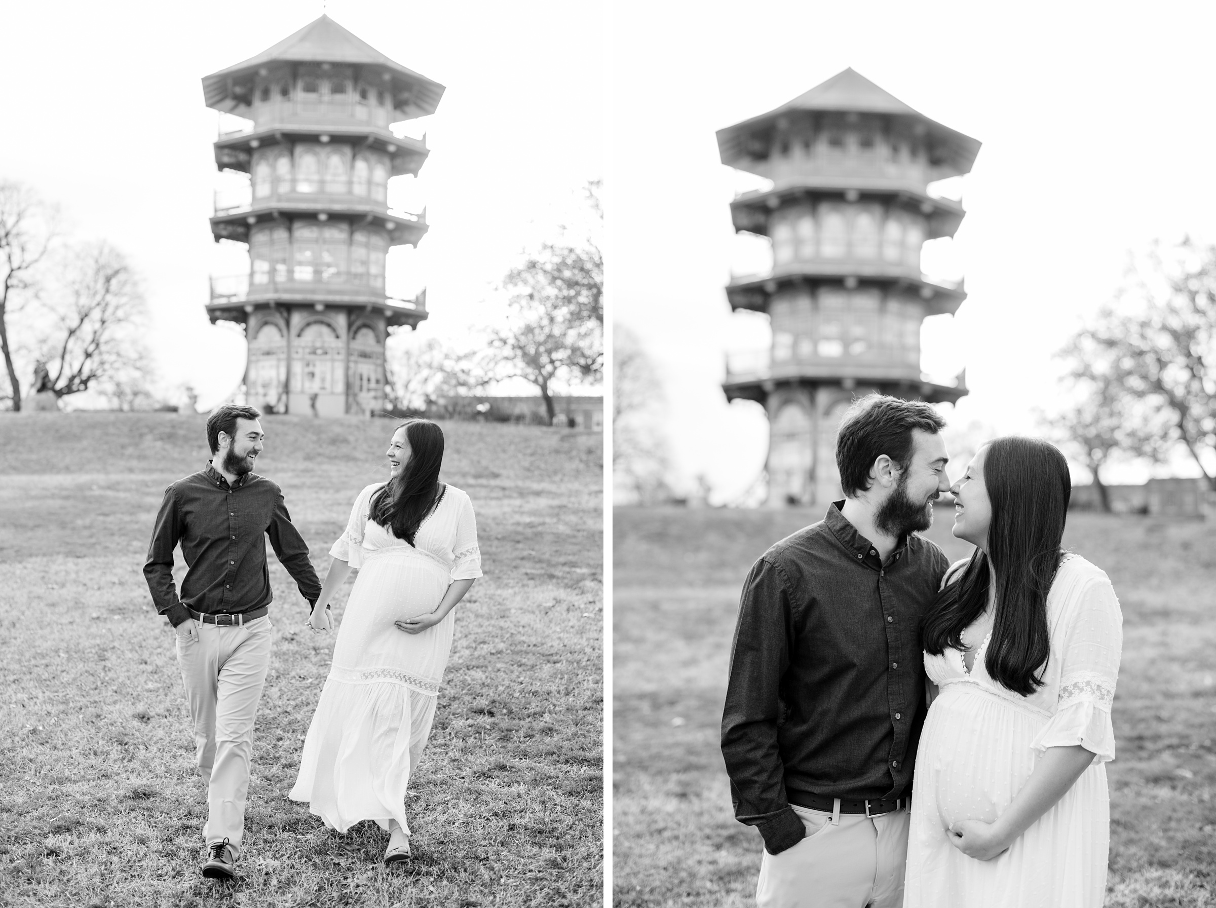 Abby and Nick's maternity photos in Patterson Park in Baltimore County featuring a stunning golden hour and beautiful pink trees.