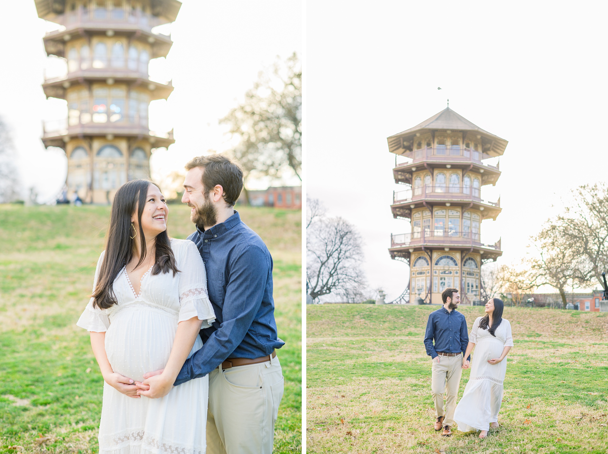 Abby and Nick's maternity photos in Patterson Park in Baltimore County featuring a stunning golden hour and beautiful pink trees.