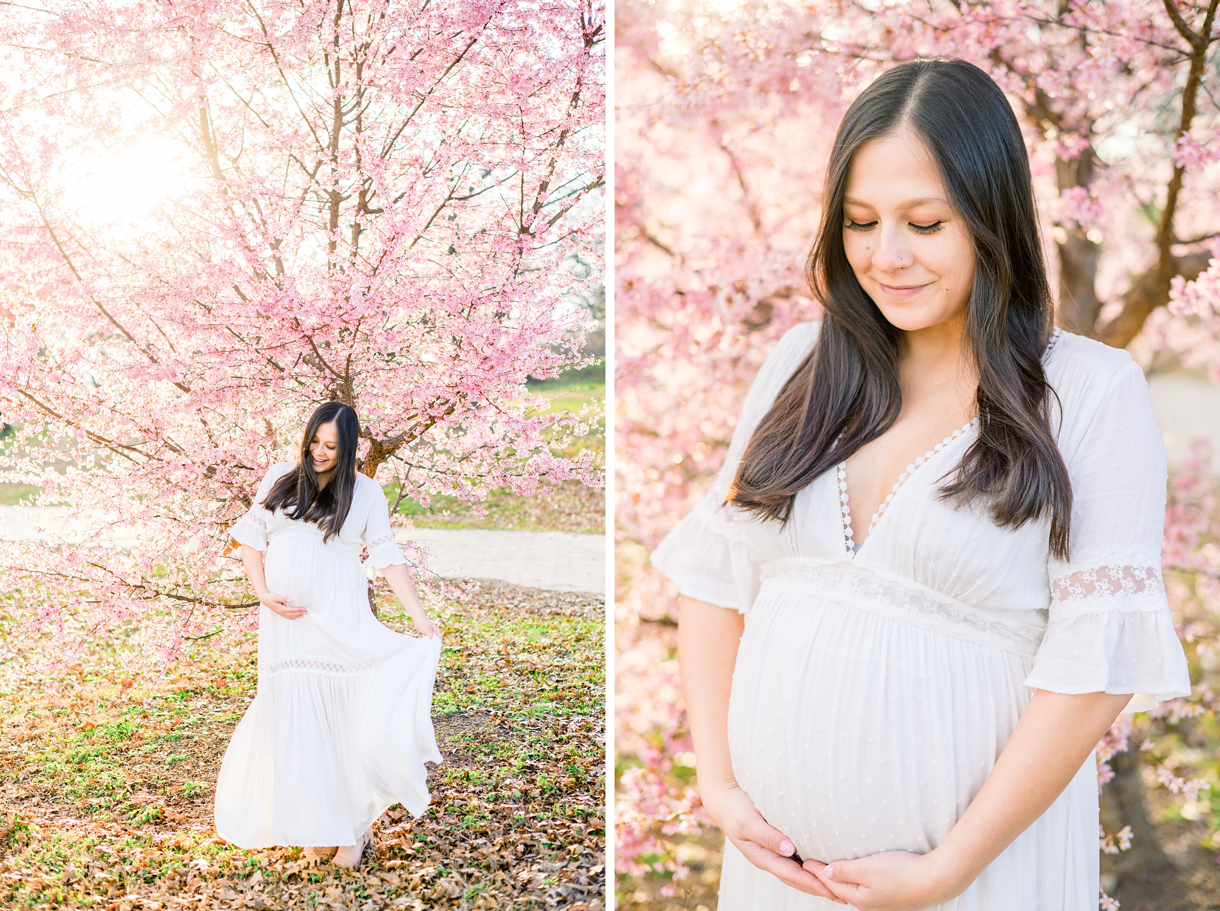 Abby and Nick's maternity photos in Patterson Park in Baltimore County featuring a stunning golden hour and beautiful pink trees.