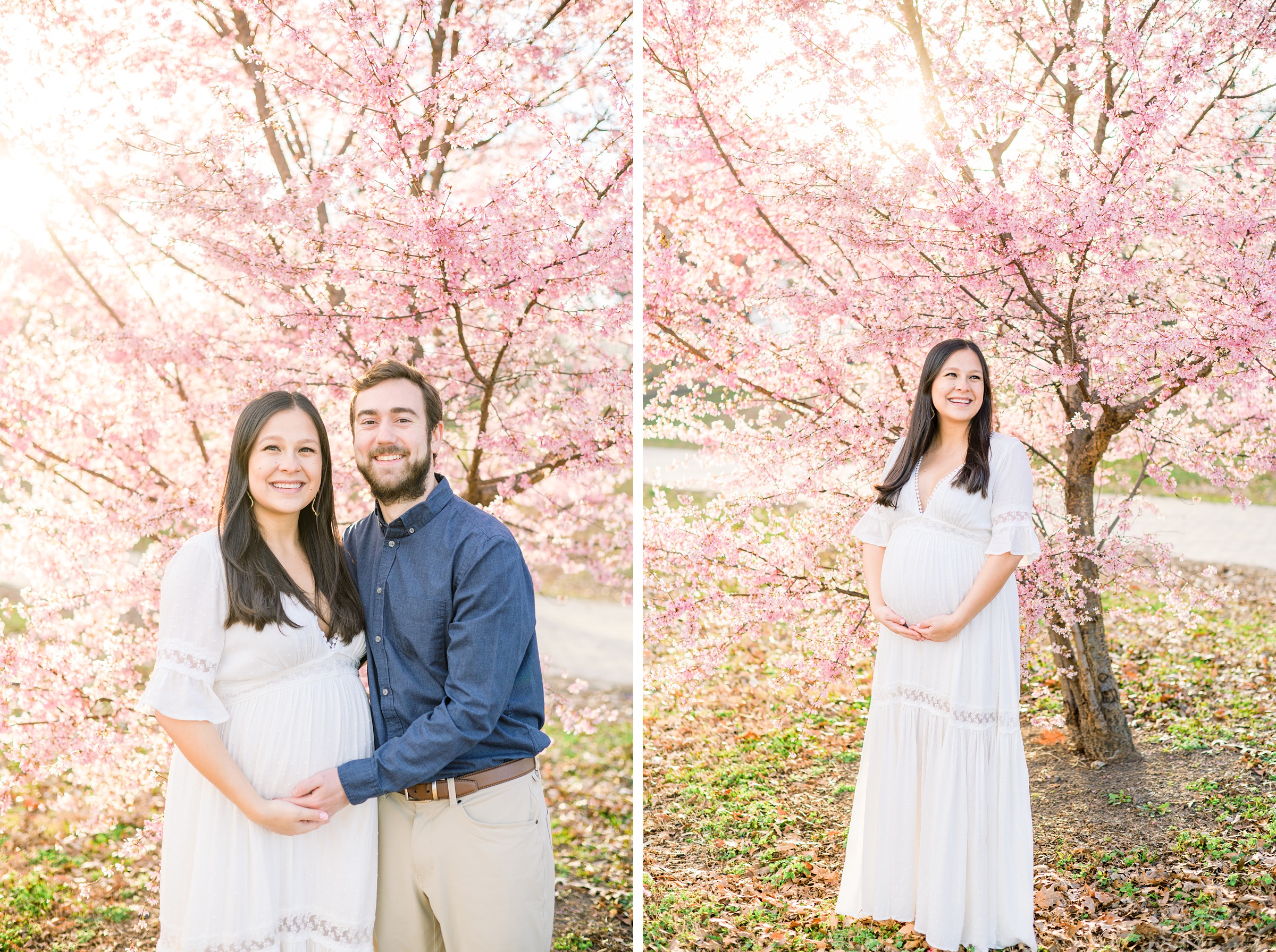 Abby and Nick's maternity photos in Patterson Park in Baltimore County featuring a stunning golden hour and beautiful pink trees.