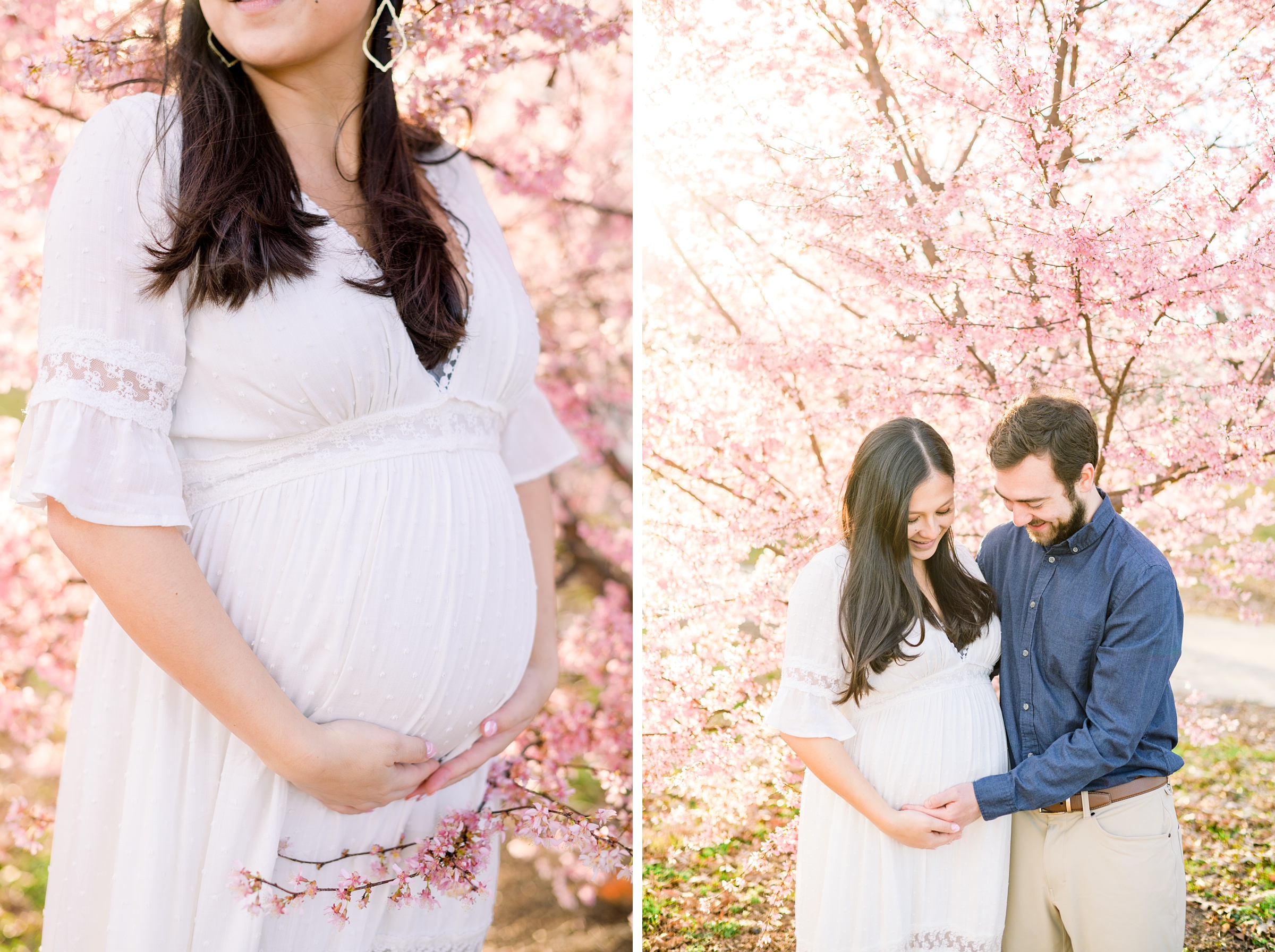 Abby and Nick's maternity photos in Patterson Park in Baltimore County featuring a stunning golden hour and beautiful pink trees.