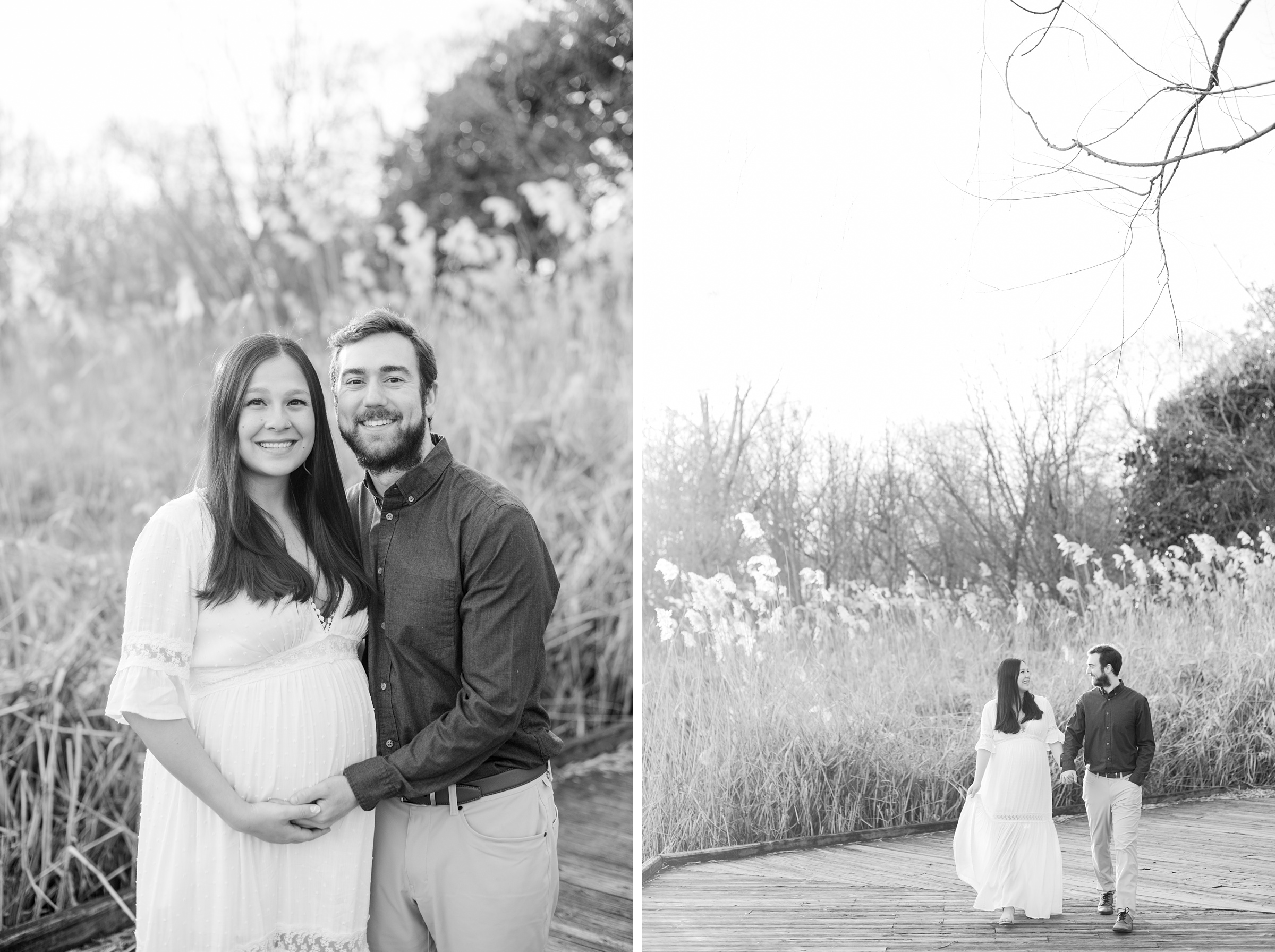 Abby and Nick's maternity session in Patterson Park in Baltimore County featuring a stunning golden hour and beautiful pink trees.