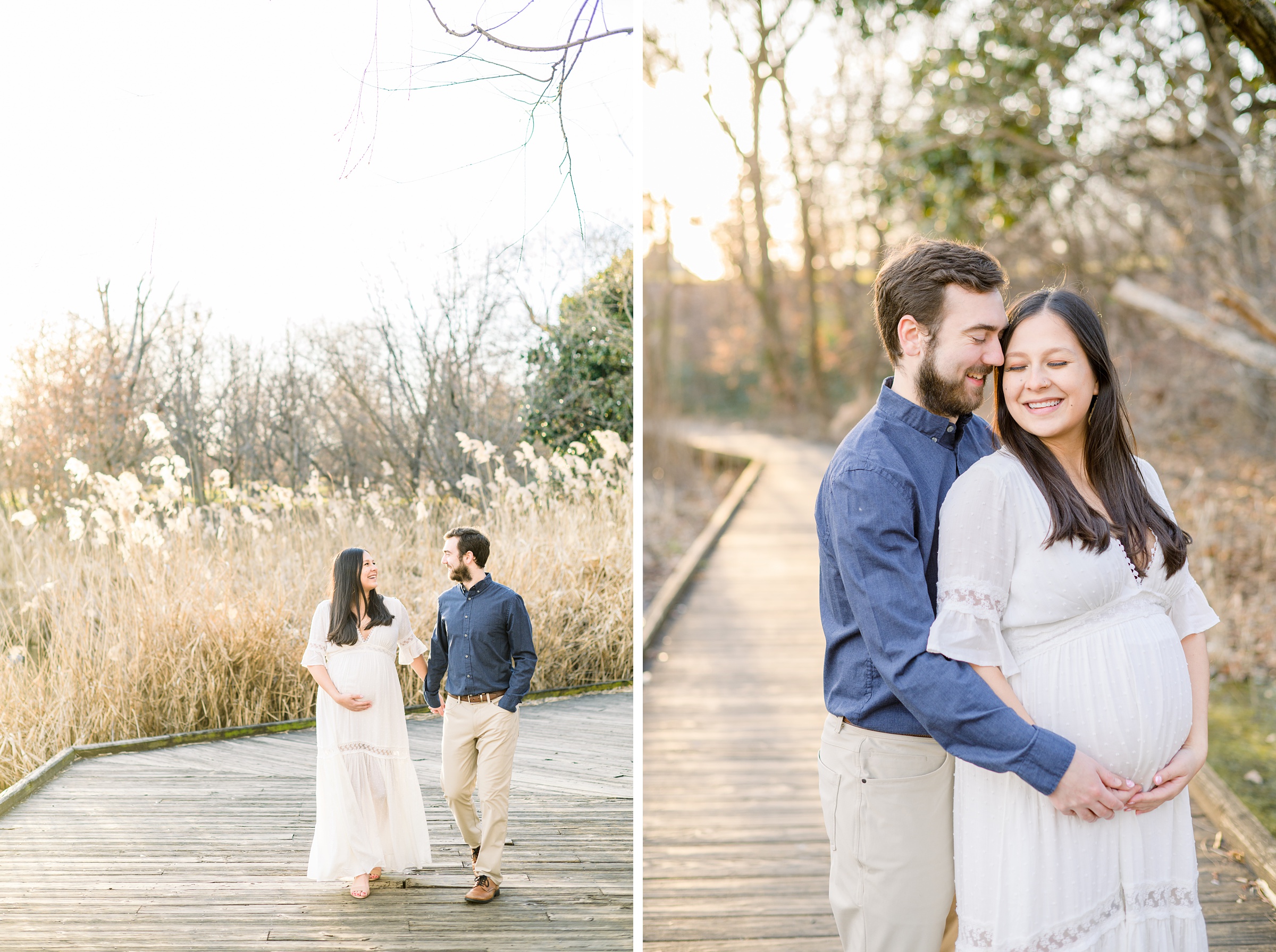 Abby and Nick's maternity session in Patterson Park in Baltimore County featuring a stunning golden hour and beautiful pink trees.