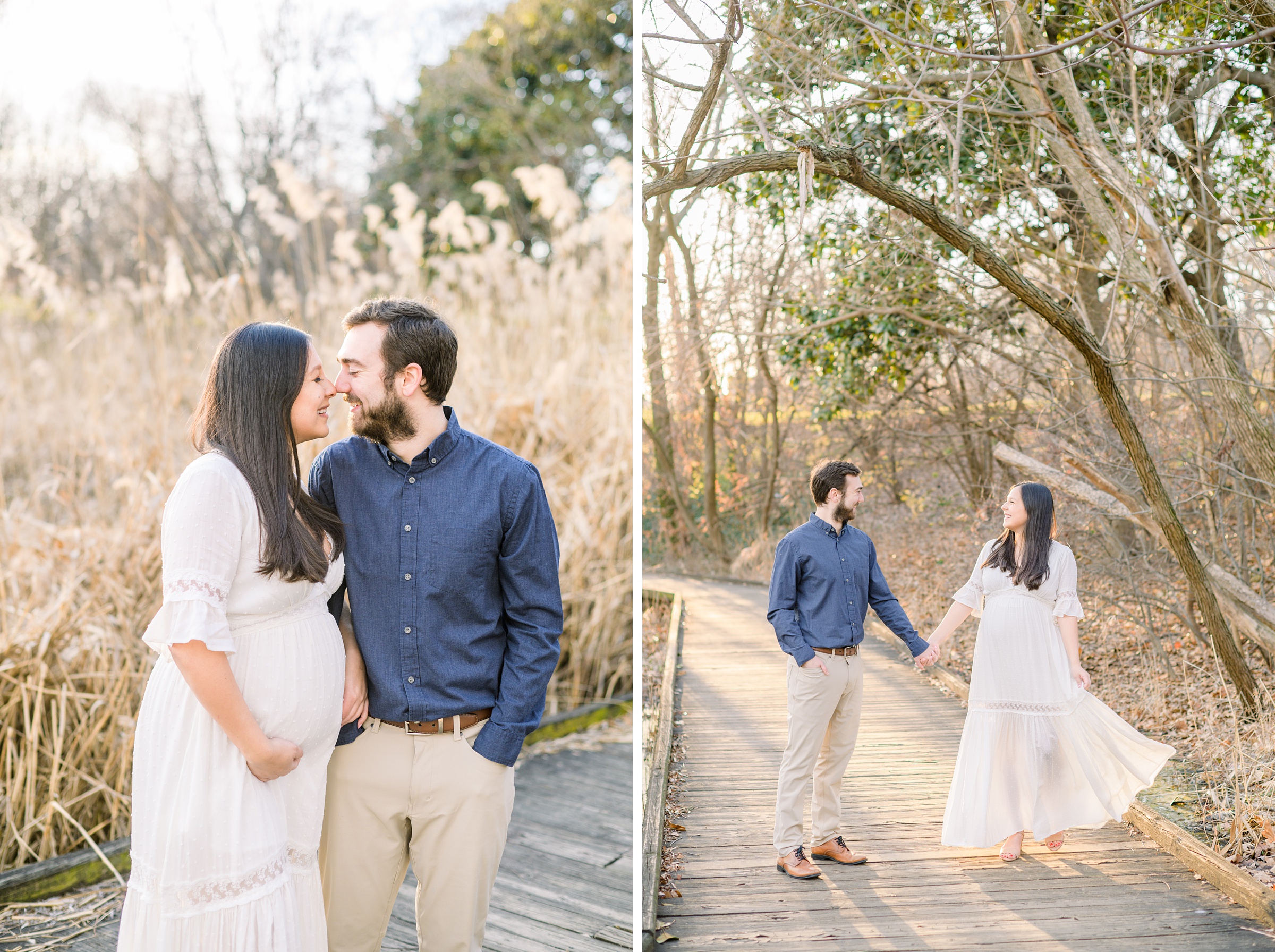 Abby and Nick's maternity session in Patterson Park in Baltimore County featuring a stunning golden hour and beautiful pink trees.