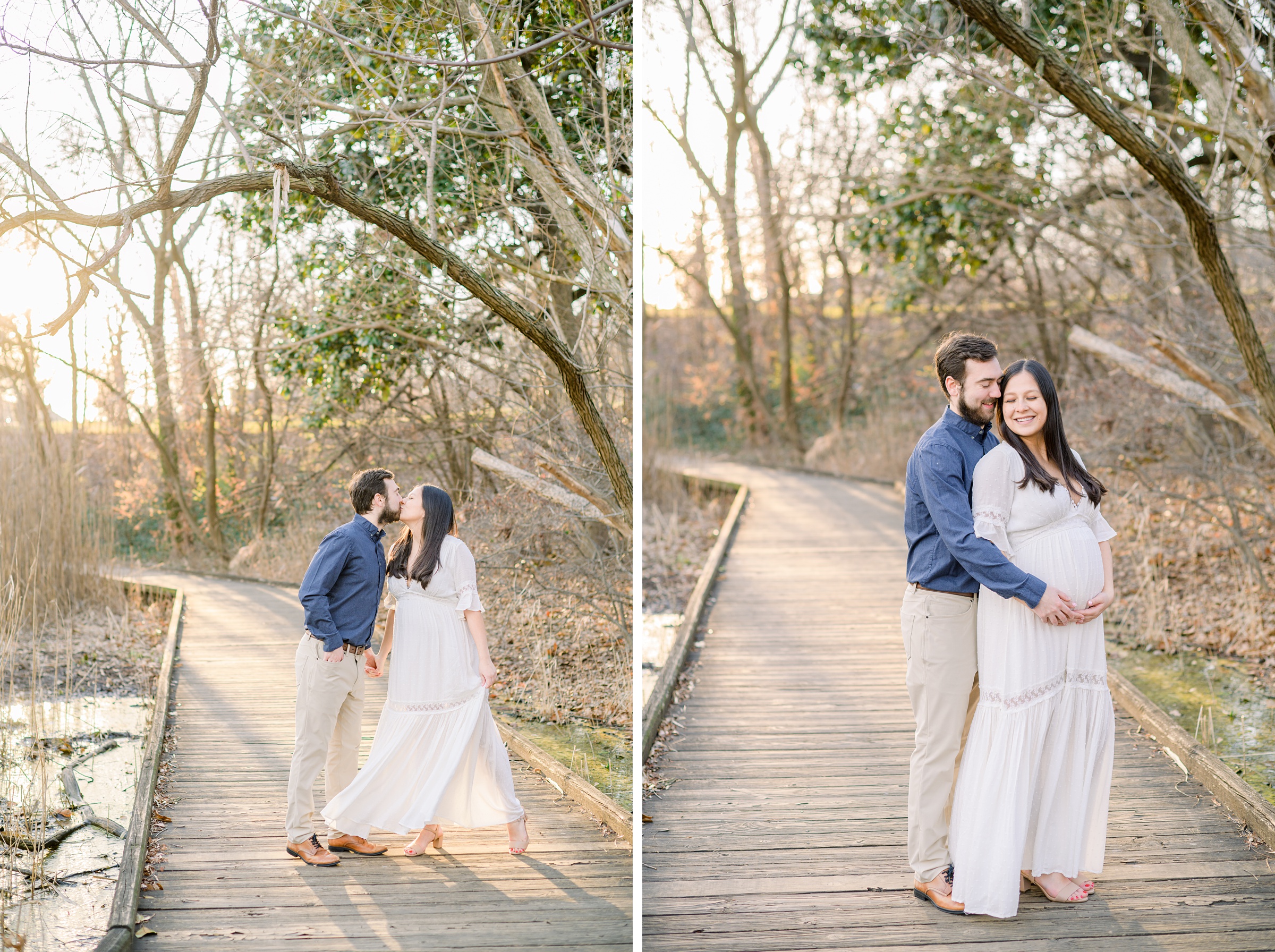 Abby and Nick's maternity session in Patterson Park in Baltimore County featuring a stunning golden hour and beautiful pink trees.