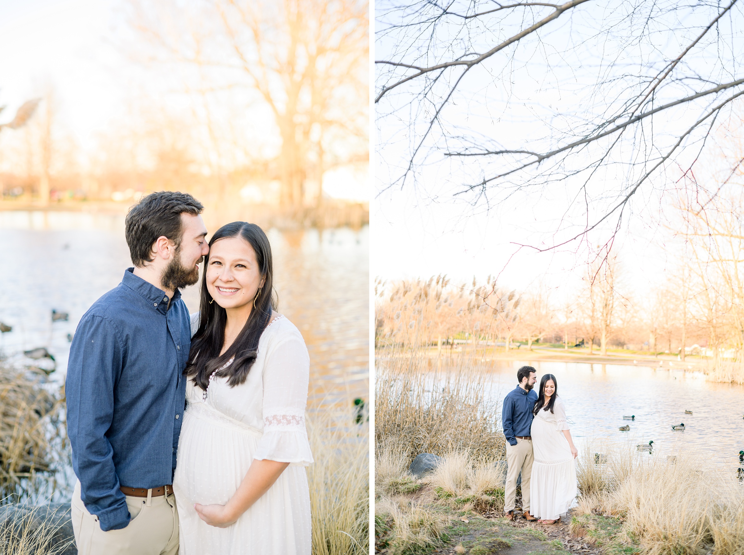Abby and Nick's maternity session in Patterson Park in Baltimore County featuring a stunning golden hour and beautiful pink trees.