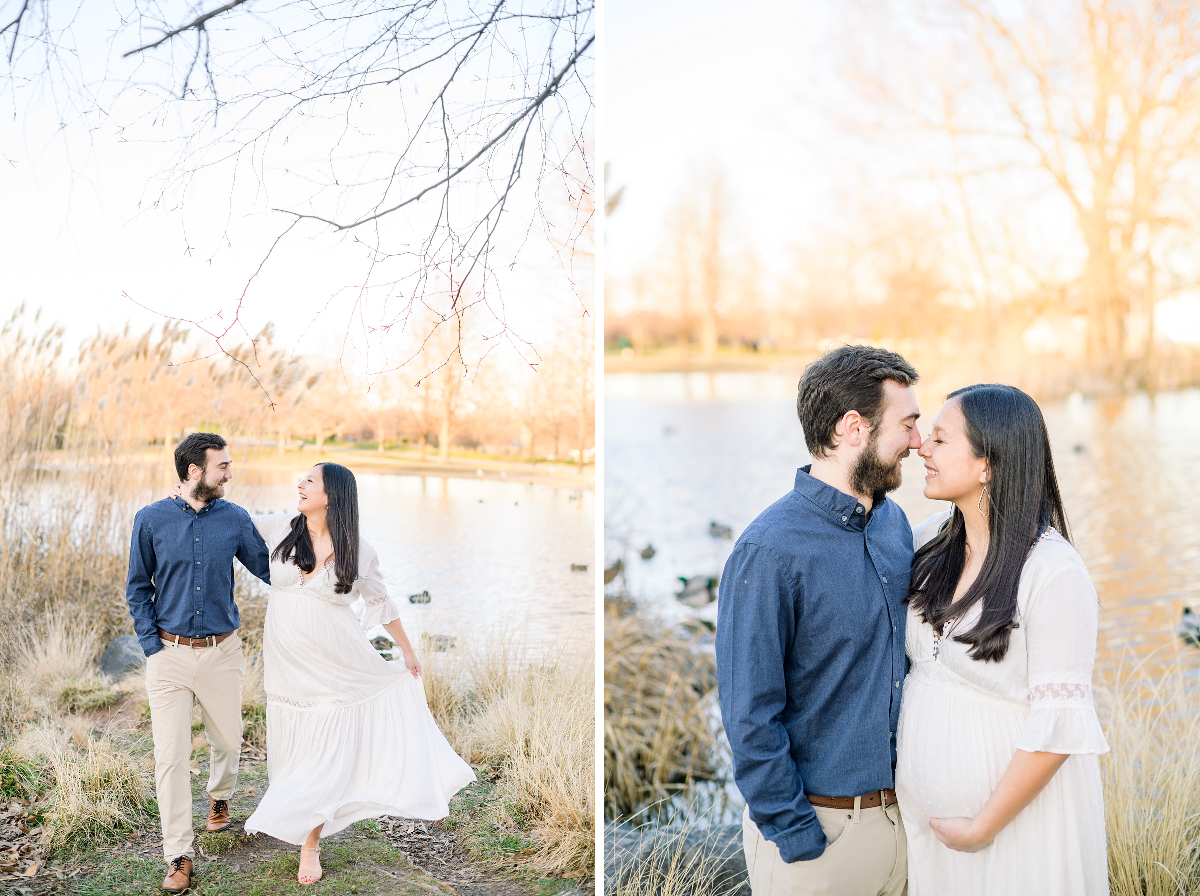 Abby and Nick's maternity session in Patterson Park in Baltimore County featuring a stunning golden hour and beautiful pink trees.