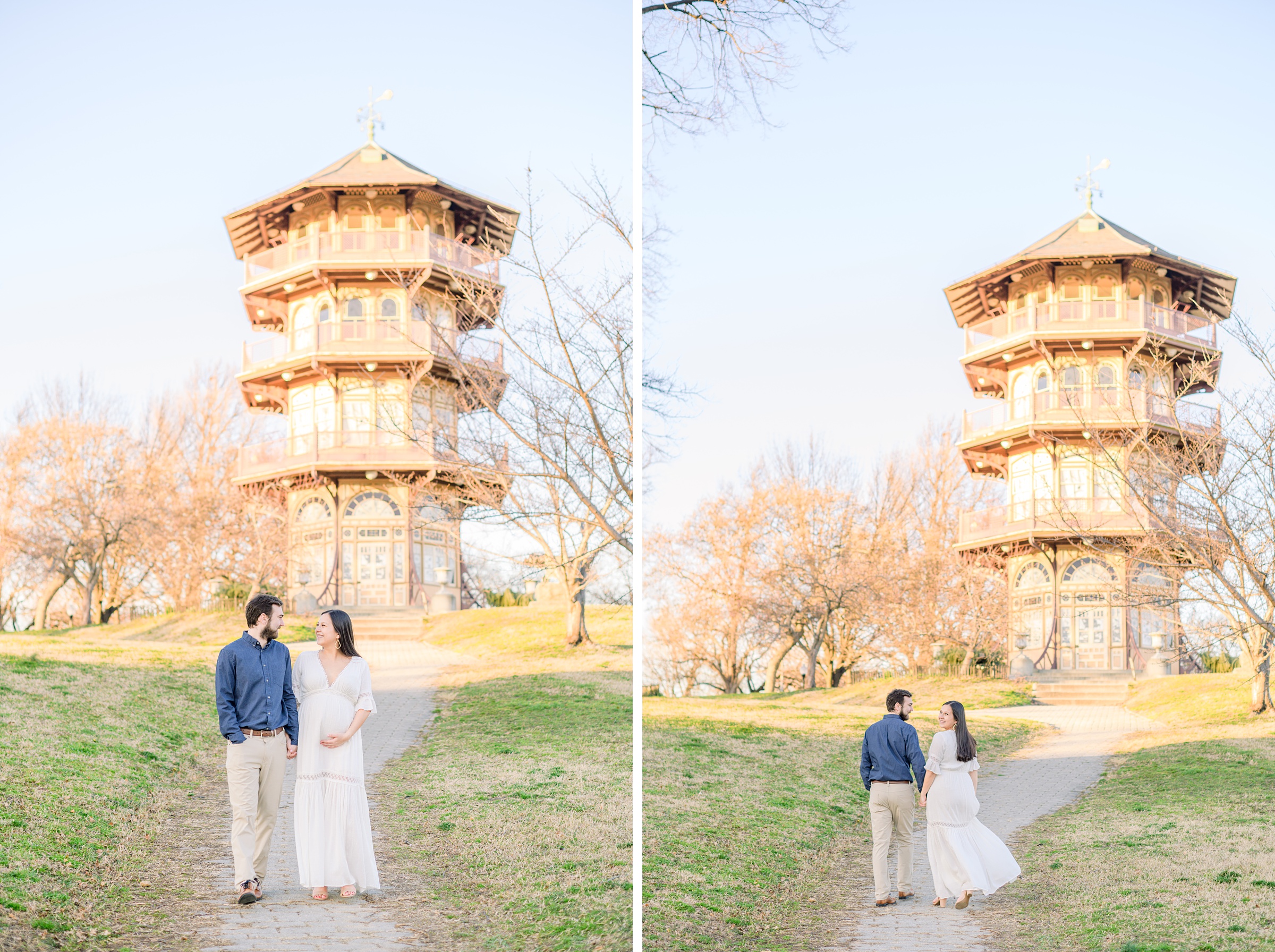 Abby and Nick's maternity session in Patterson Park in Baltimore County featuring a stunning golden hour and beautiful pink trees.