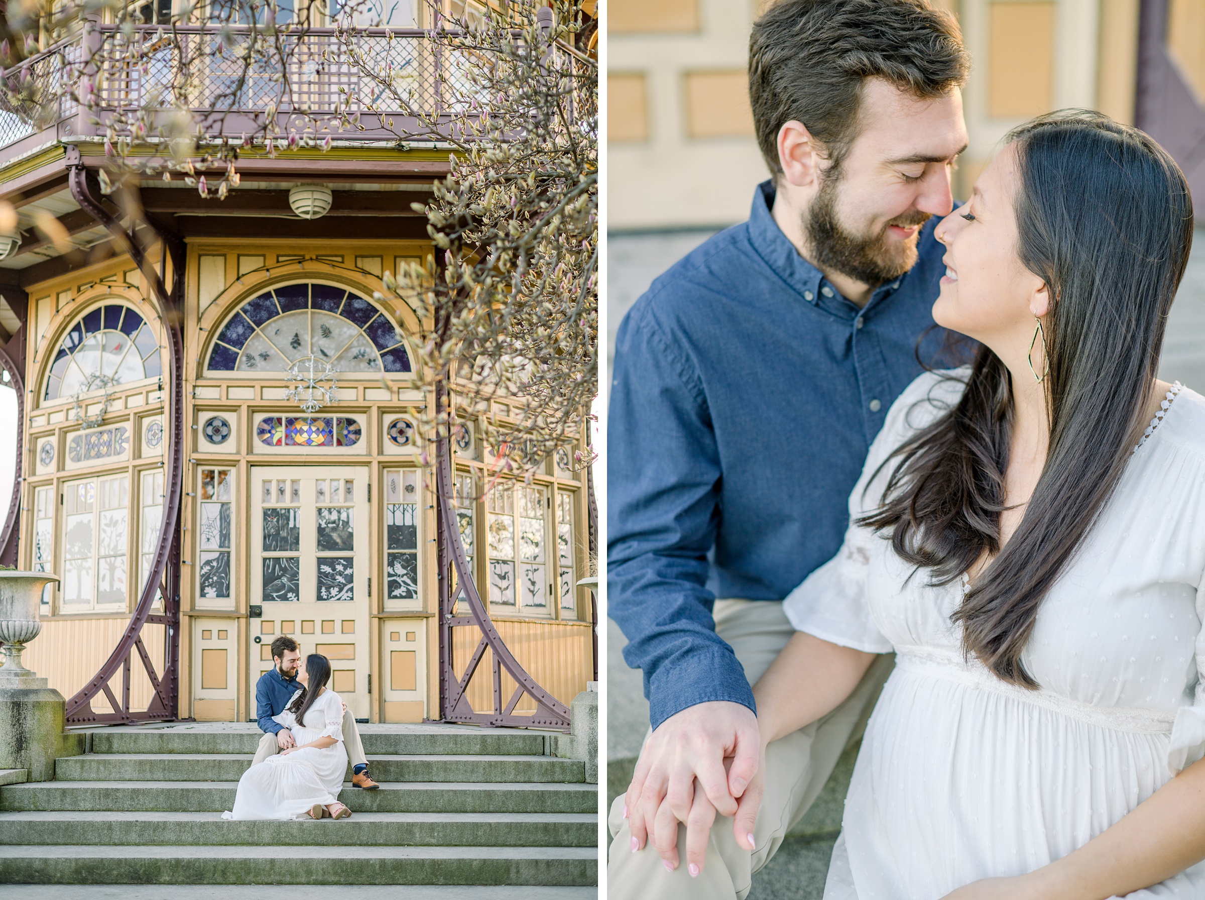 Abby and Nick's maternity session in Patterson Park in Baltimore County featuring a stunning golden hour and beautiful pink trees.