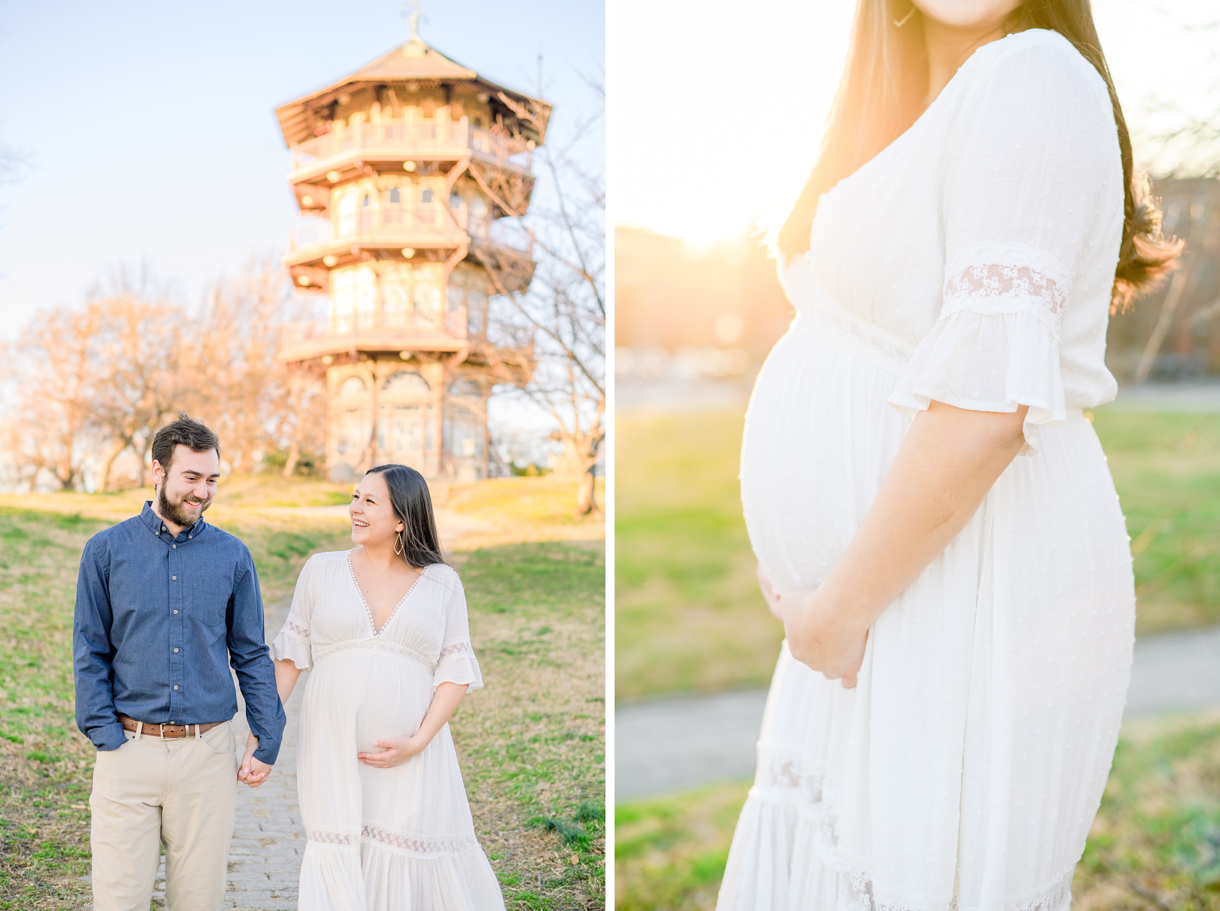 Abby and Nick's maternity session in Patterson Park in Baltimore County featuring a stunning golden hour and beautiful pink trees.