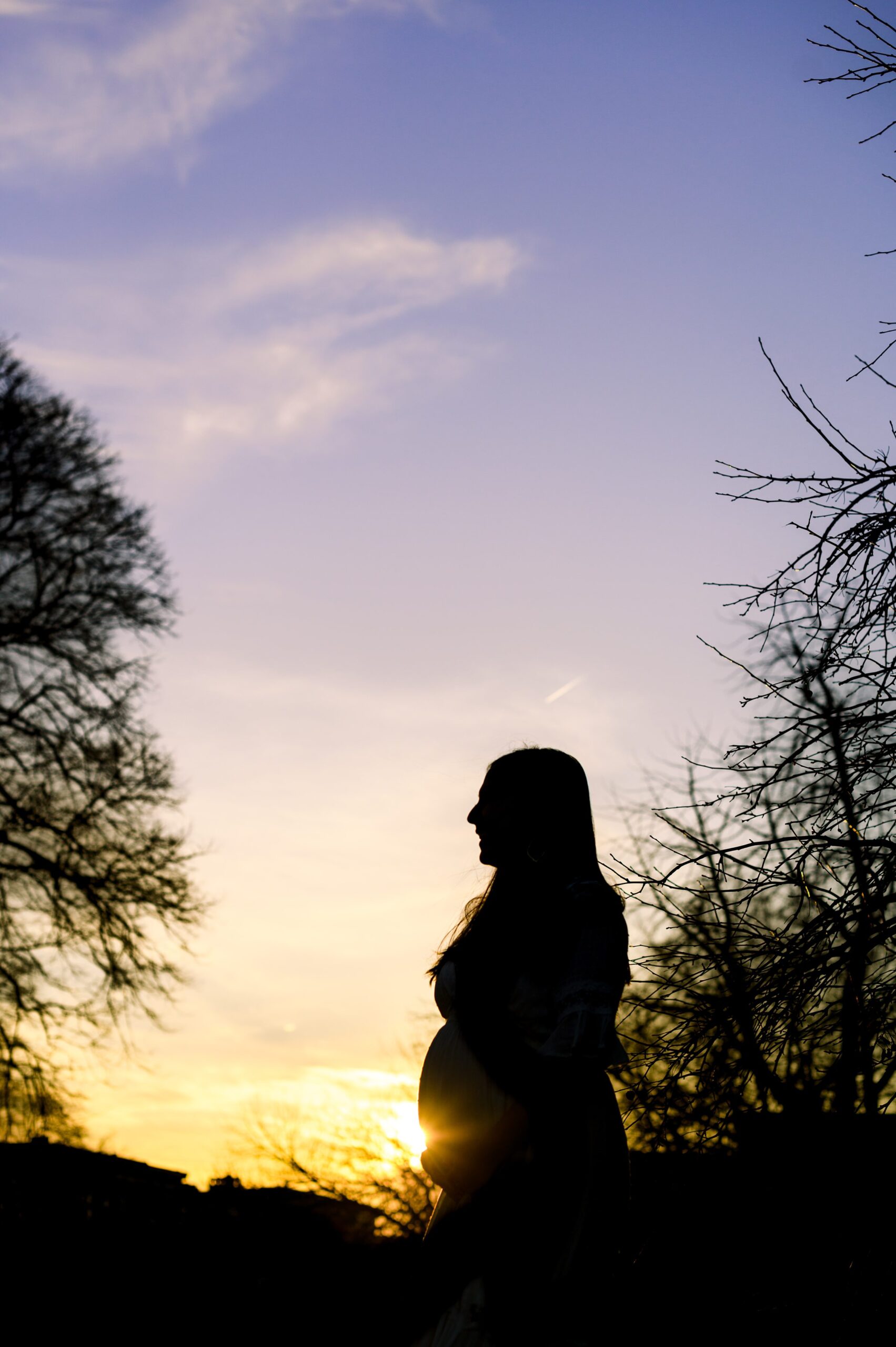 Abby and Nick's maternity session in Patterson Park in Baltimore County featuring a stunning golden hour and beautiful pink trees.