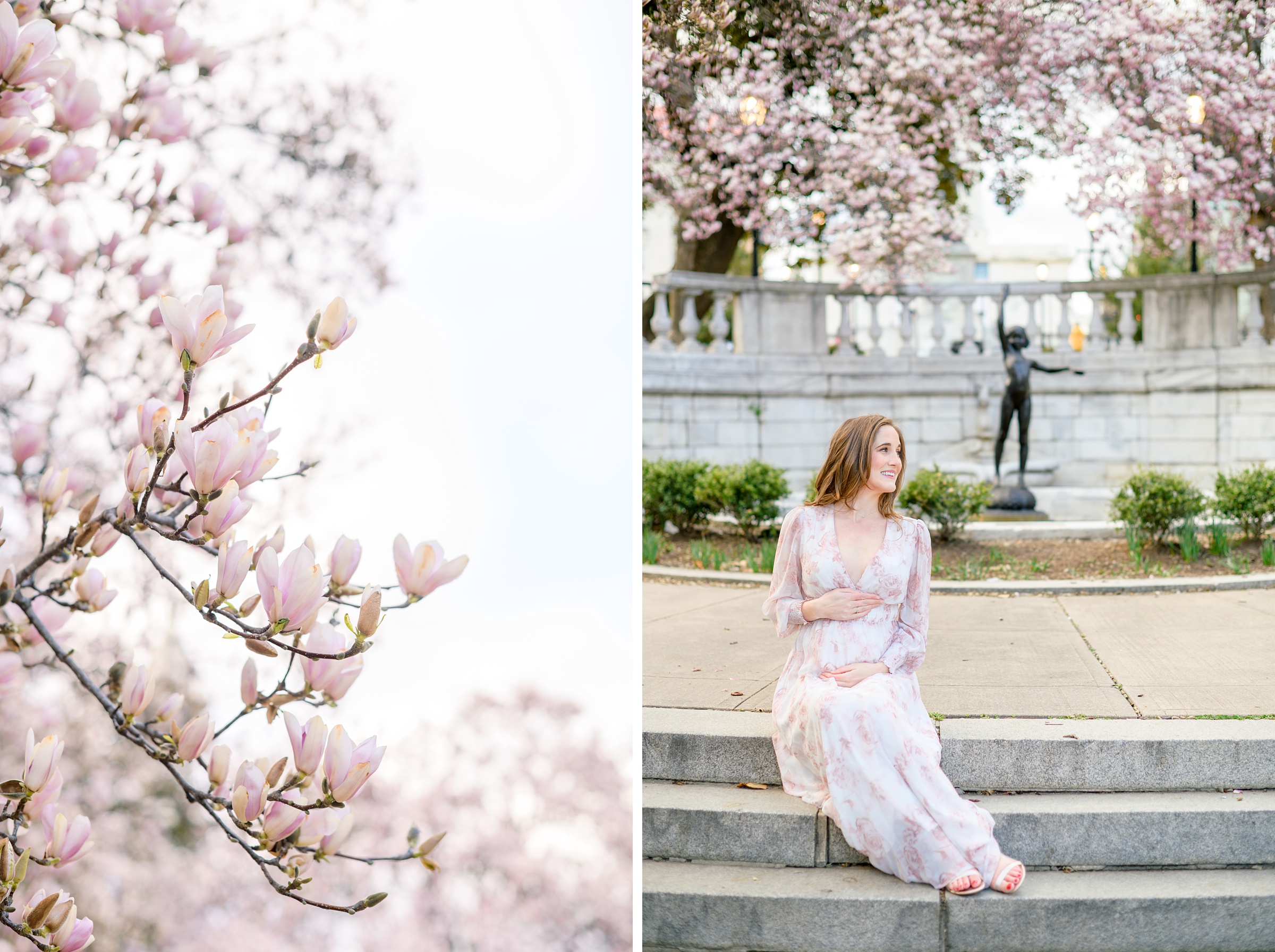 Meg and Sean's maternity photos in Baltimore featuring stunning pink magnolia blossoms by Baltimore Photographer Cait Kramer Photography