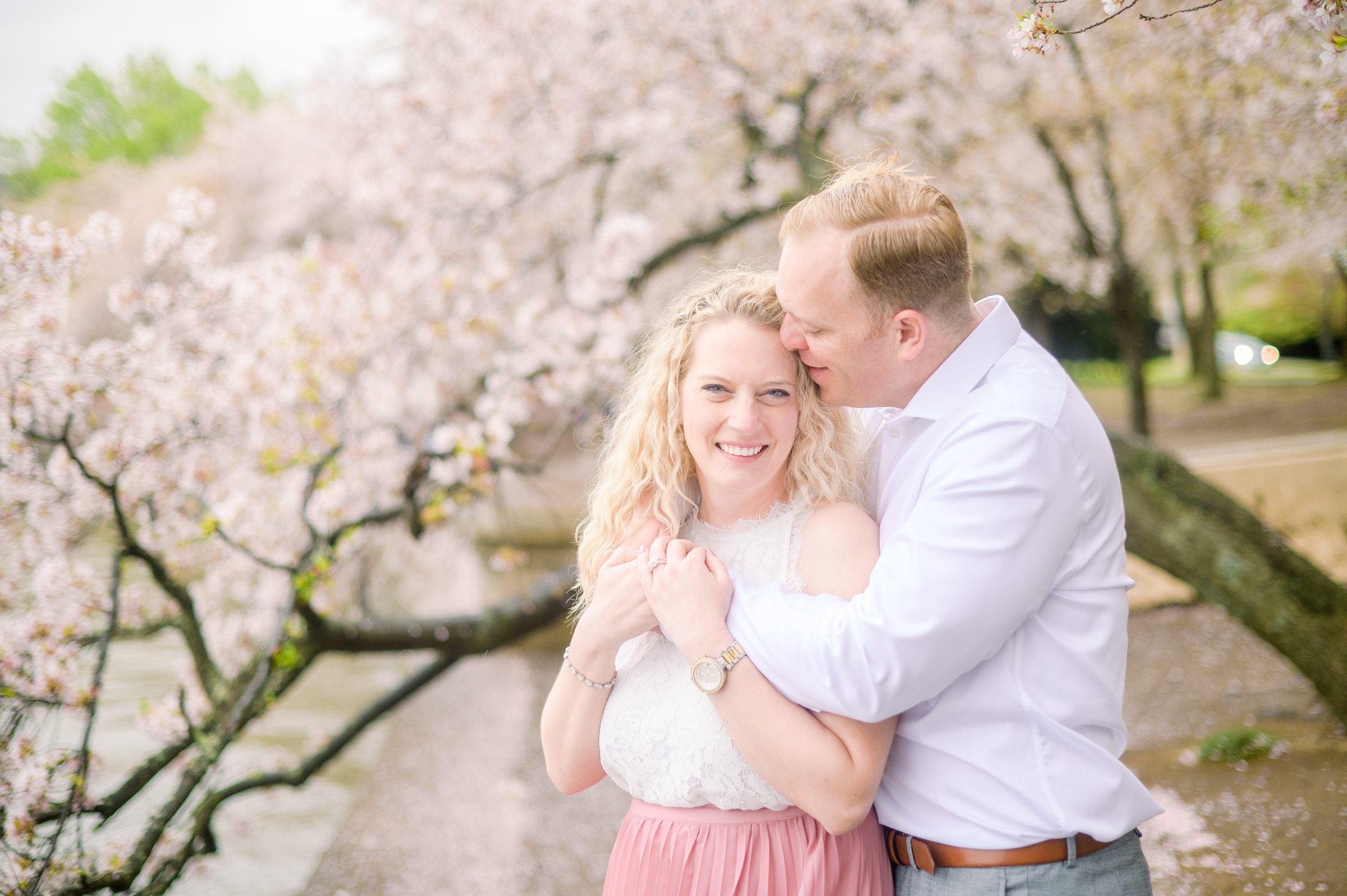 Anniversary portrait session at the Jefferson Memorial featuring the Washington DC Cherry Blossoms. Photographed by Baltimore Photographer Cait Kramer Photography