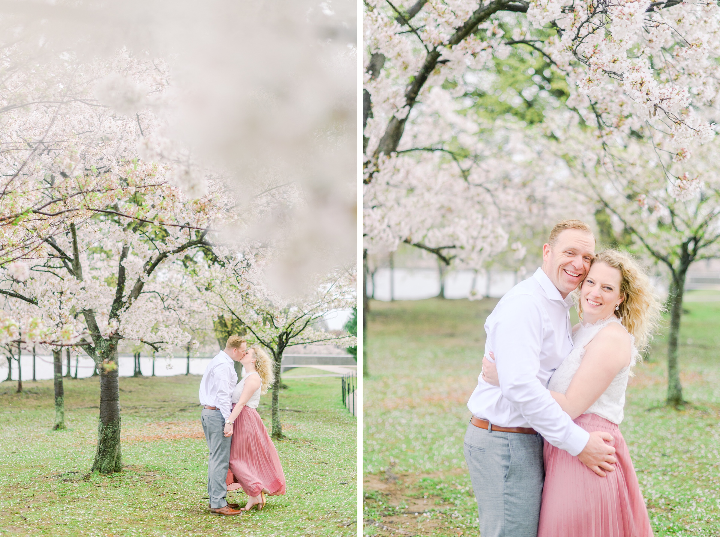 Anniversary portrait session at the Jefferson Memorial featuring the Washington DC Cherry Blossoms. Photographed by Baltimore Photographer Cait Kramer Photography