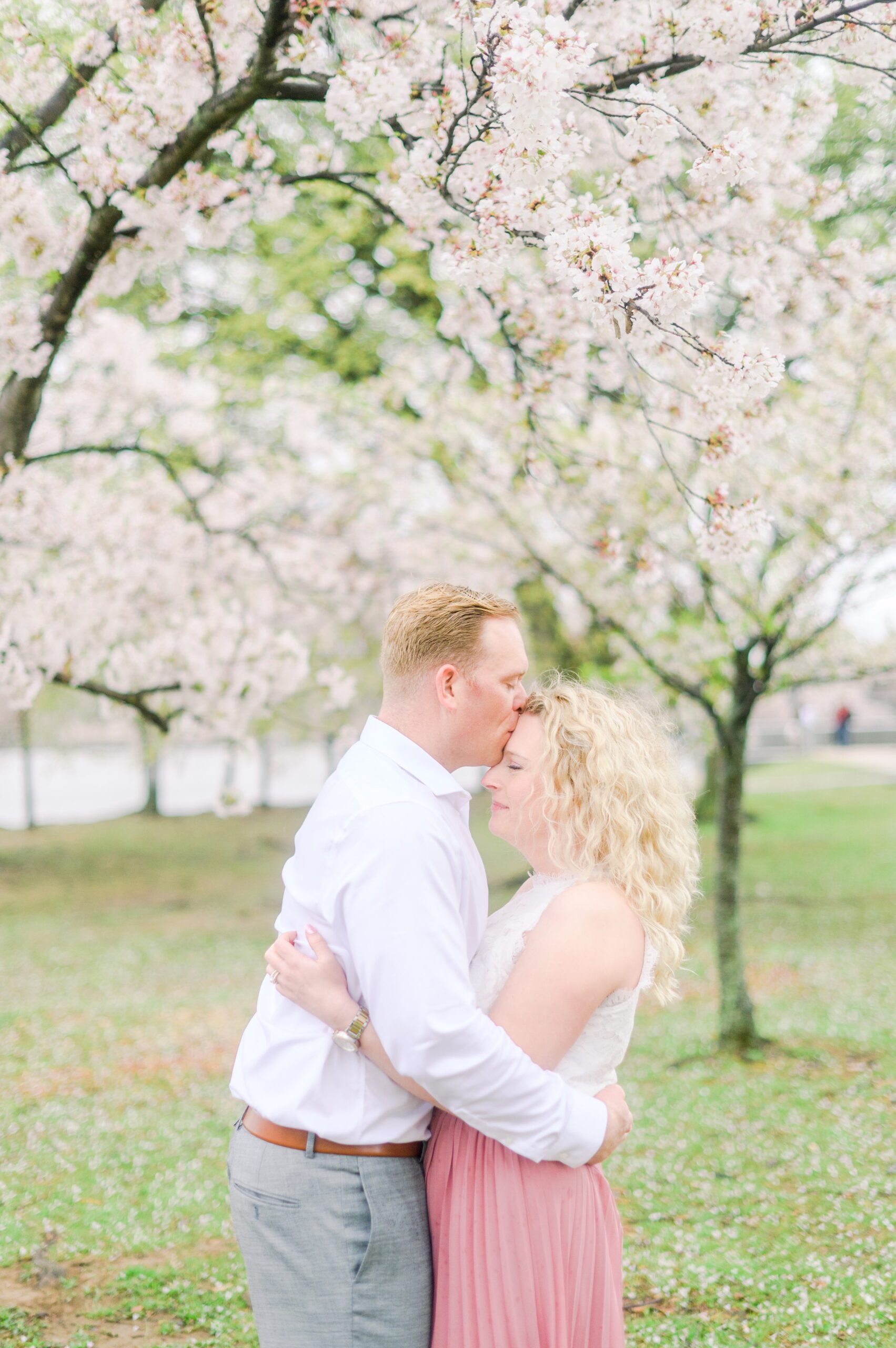 Anniversary portrait session at the Jefferson Memorial featuring the Washington DC Cherry Blossoms. Photographed by Baltimore Photographer Cait Kramer Photography