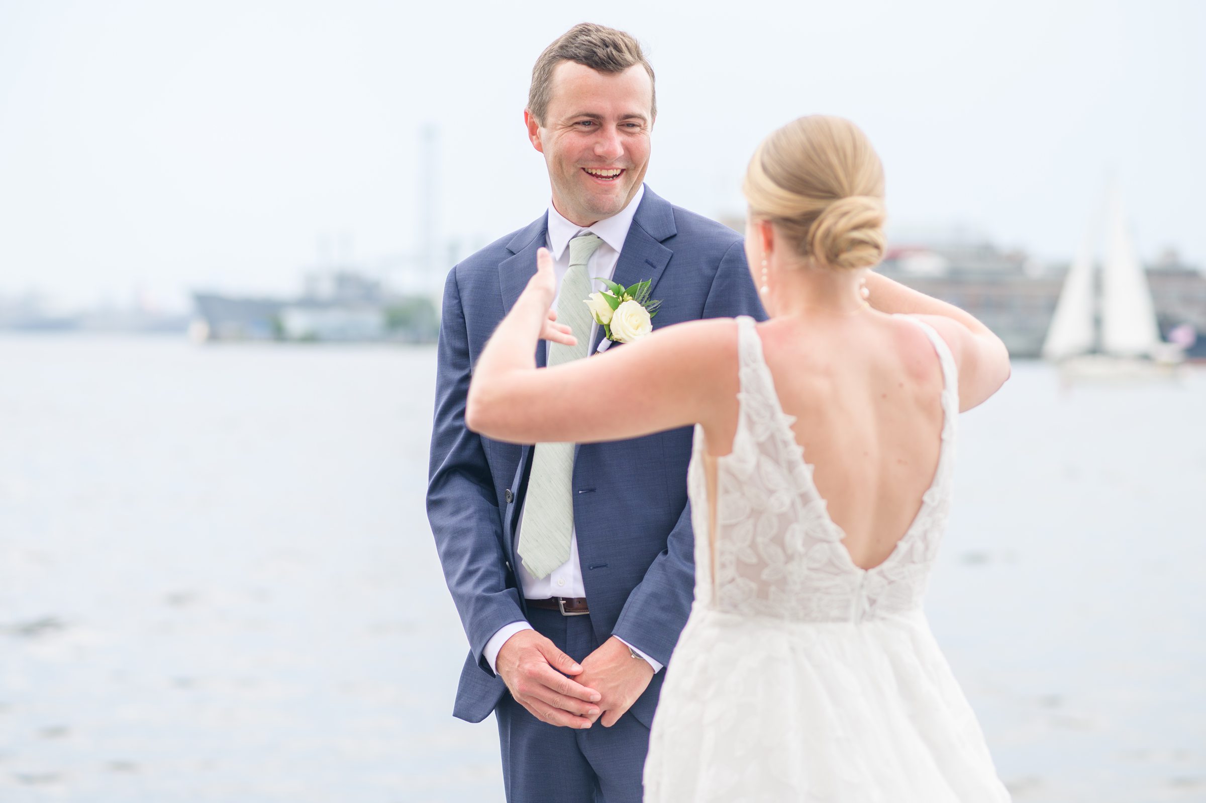 Sage Green and Navy Blue summer wedding at the Frederick Douglass Maritime Museum in Baltimore, Maryland. Photographed by Baltimore Wedding Photographer Cait Kramer Photography