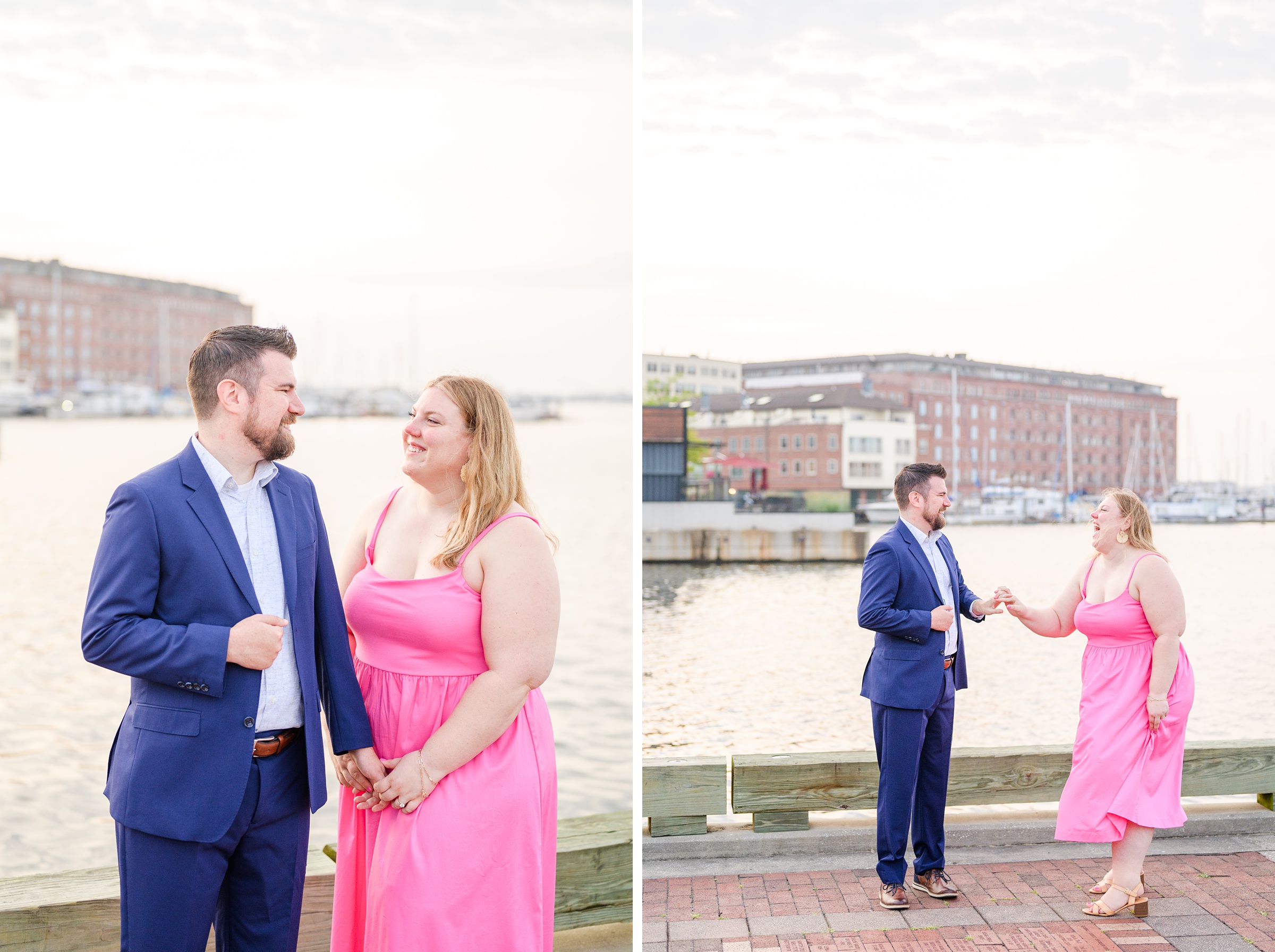 Engaged couple at Fells Point Waterfront for their sunrise engagement session in Baltimore, Maryland photographed by Baltimore Wedding Photographer Cait Kramer Photography.