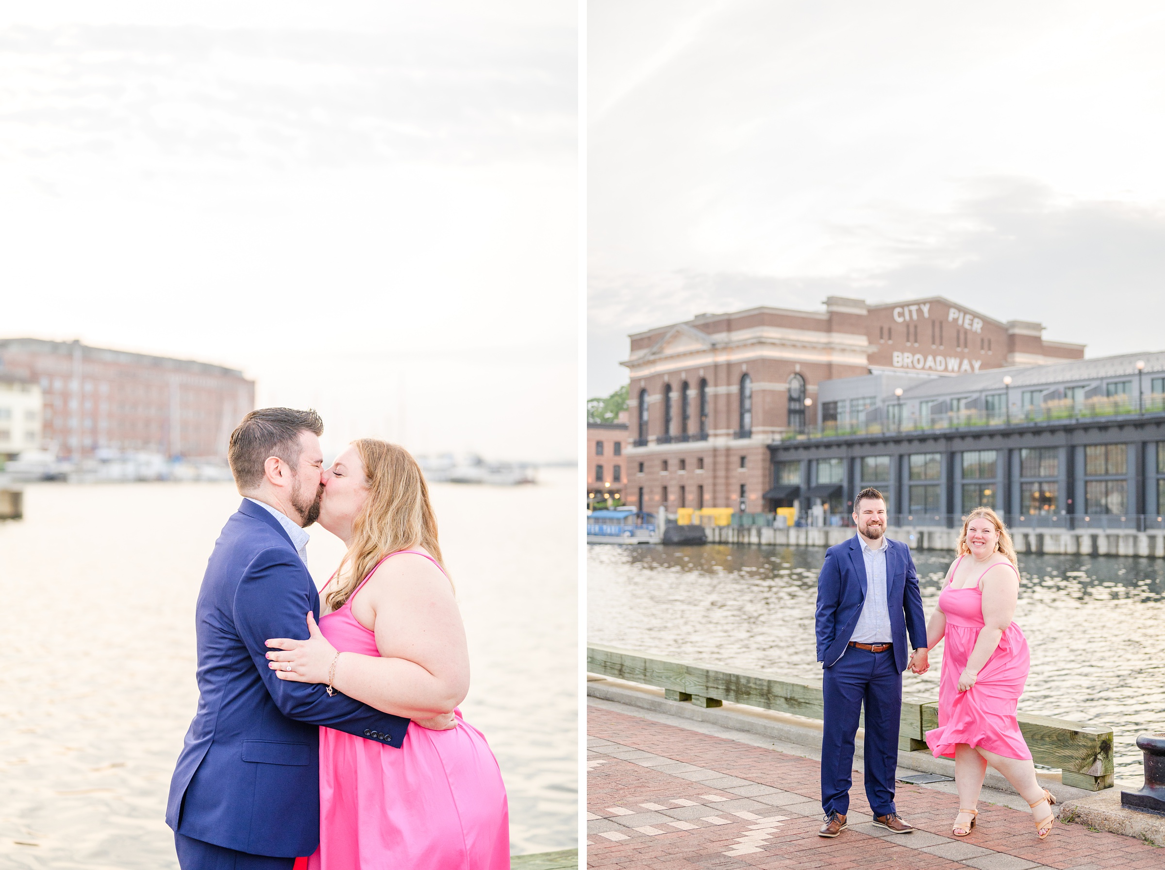 Engaged couple at Fells Point Waterfront for their sunrise engagement session in Baltimore, Maryland photographed by Baltimore Wedding Photographer Cait Kramer Photography.