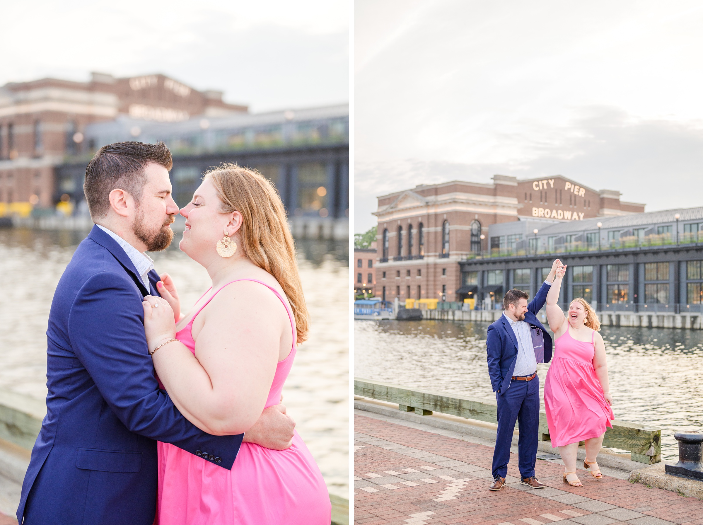 Engaged couple at Fells Point Waterfront for their sunrise engagement session in Baltimore, Maryland photographed by Baltimore Wedding Photographer Cait Kramer Photography.