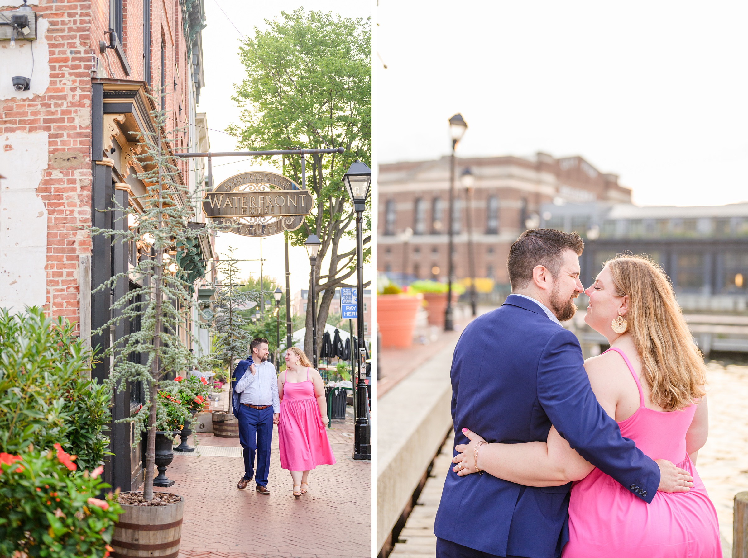 Engaged couple at Fells Point Waterfront for their sunrise engagement session in Baltimore, Maryland photographed by Baltimore Wedding Photographer Cait Kramer Photography.