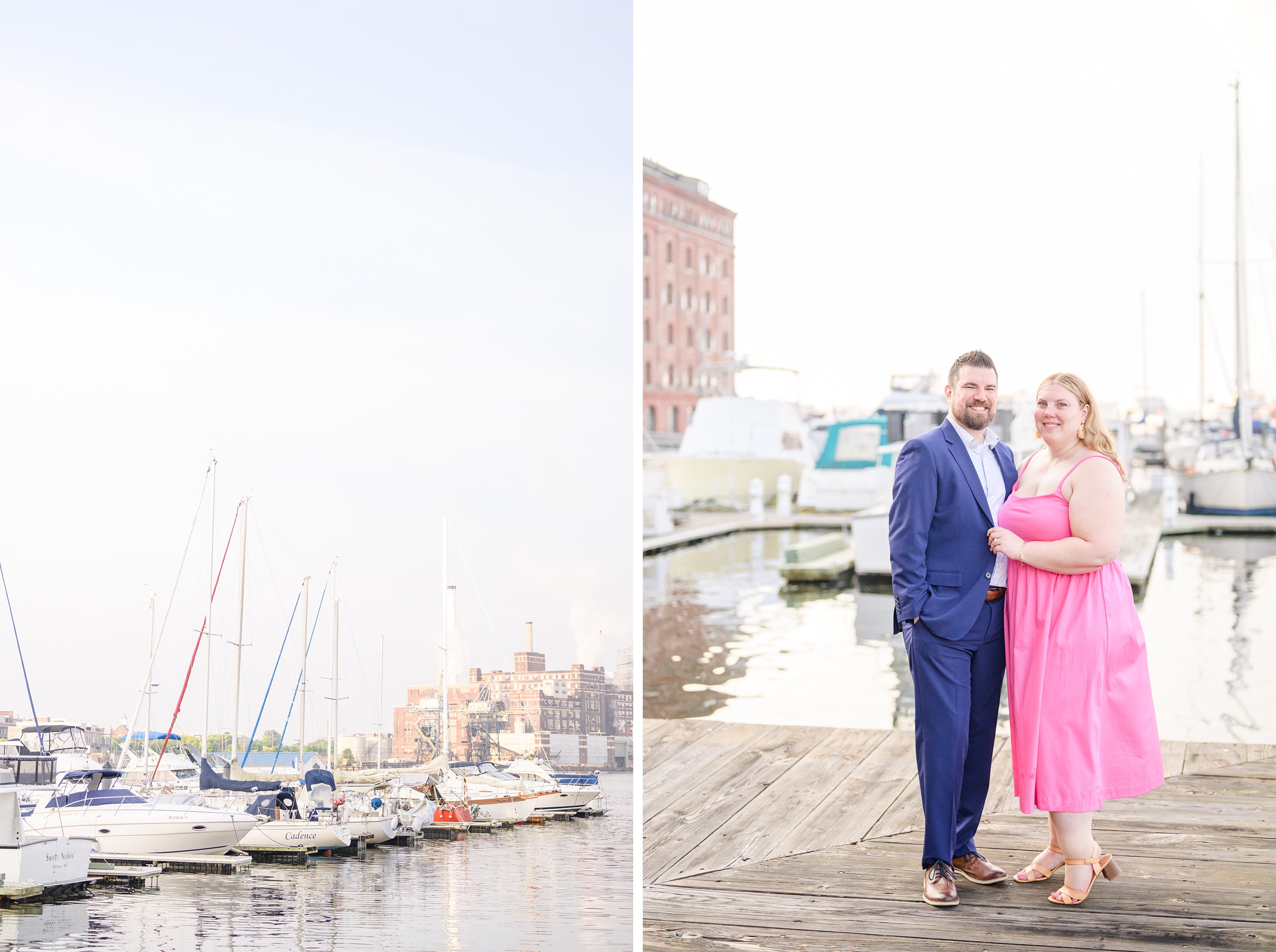 Engaged couple at Fells Point Waterfront for their sunrise engagement session in Baltimore, Maryland photographed by Baltimore Wedding Photographer Cait Kramer Photography.