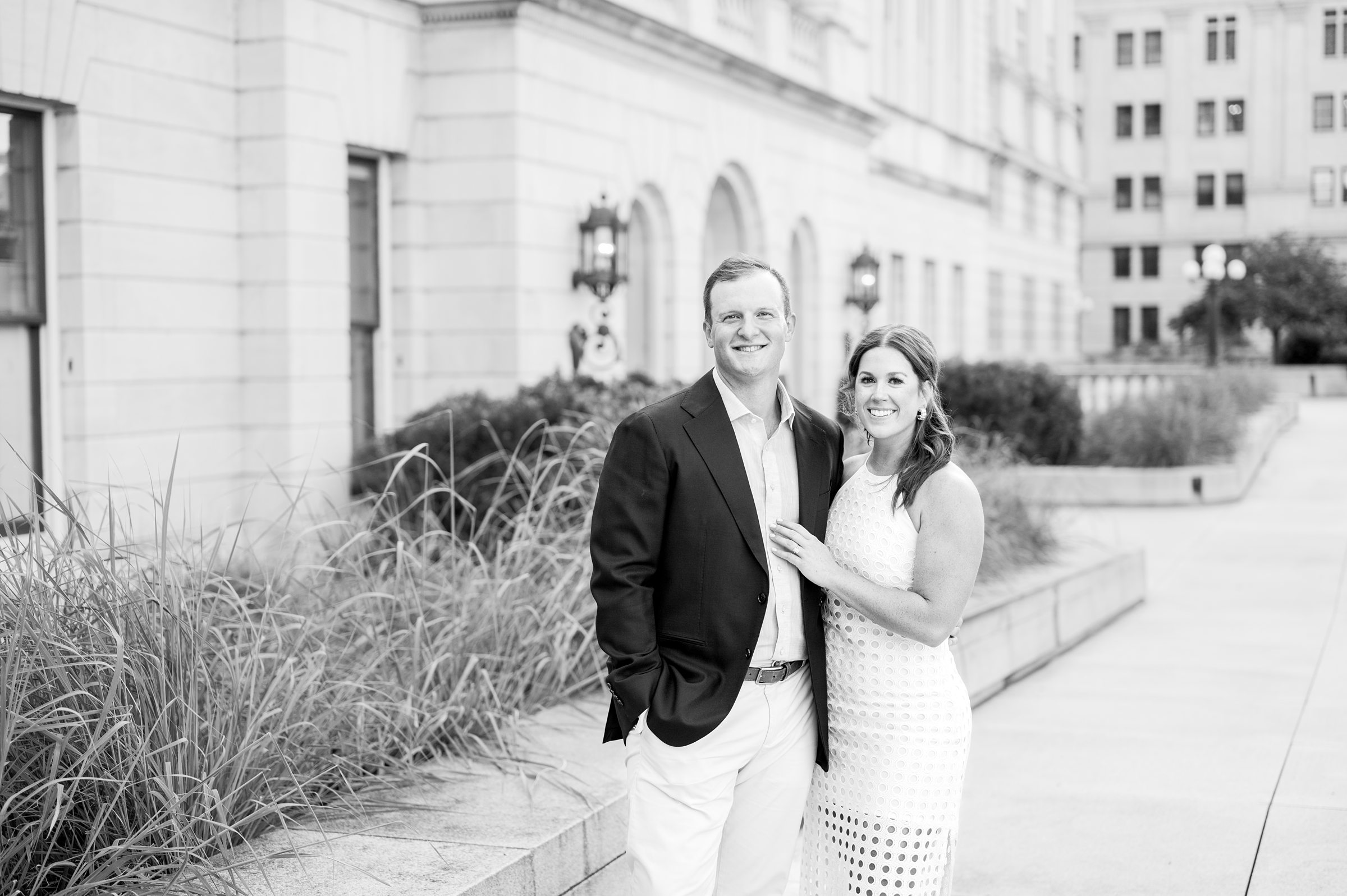 Engaged couple at the Pennsylvania State Capitol for their summer engagement session photographed by Baltimore Wedding Photographer Cait Kramer Photography.