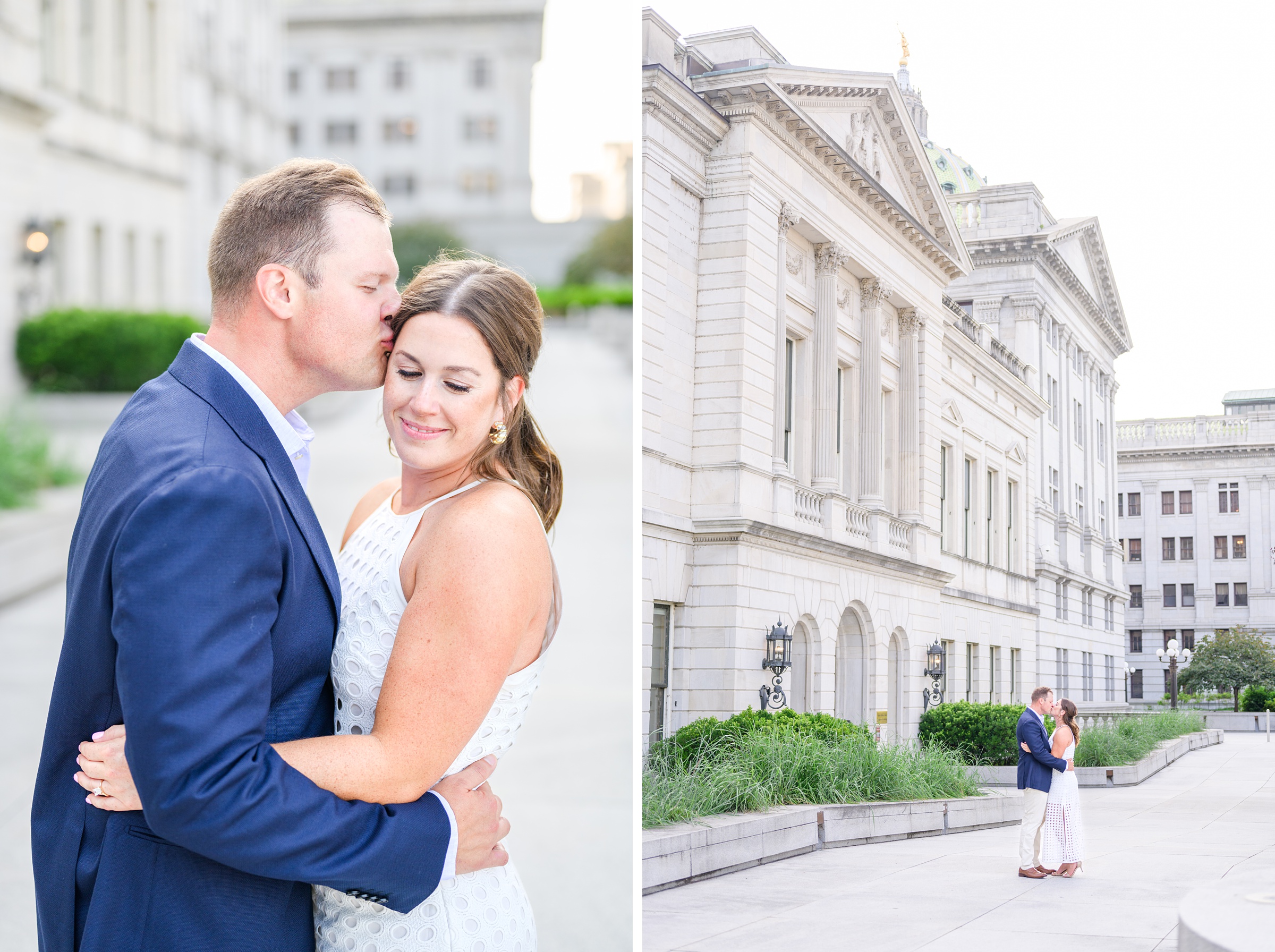 Engaged couple at the Pennsylvania State Capitol for their summer engagement session photographed by Baltimore Wedding Photographer Cait Kramer Photography.