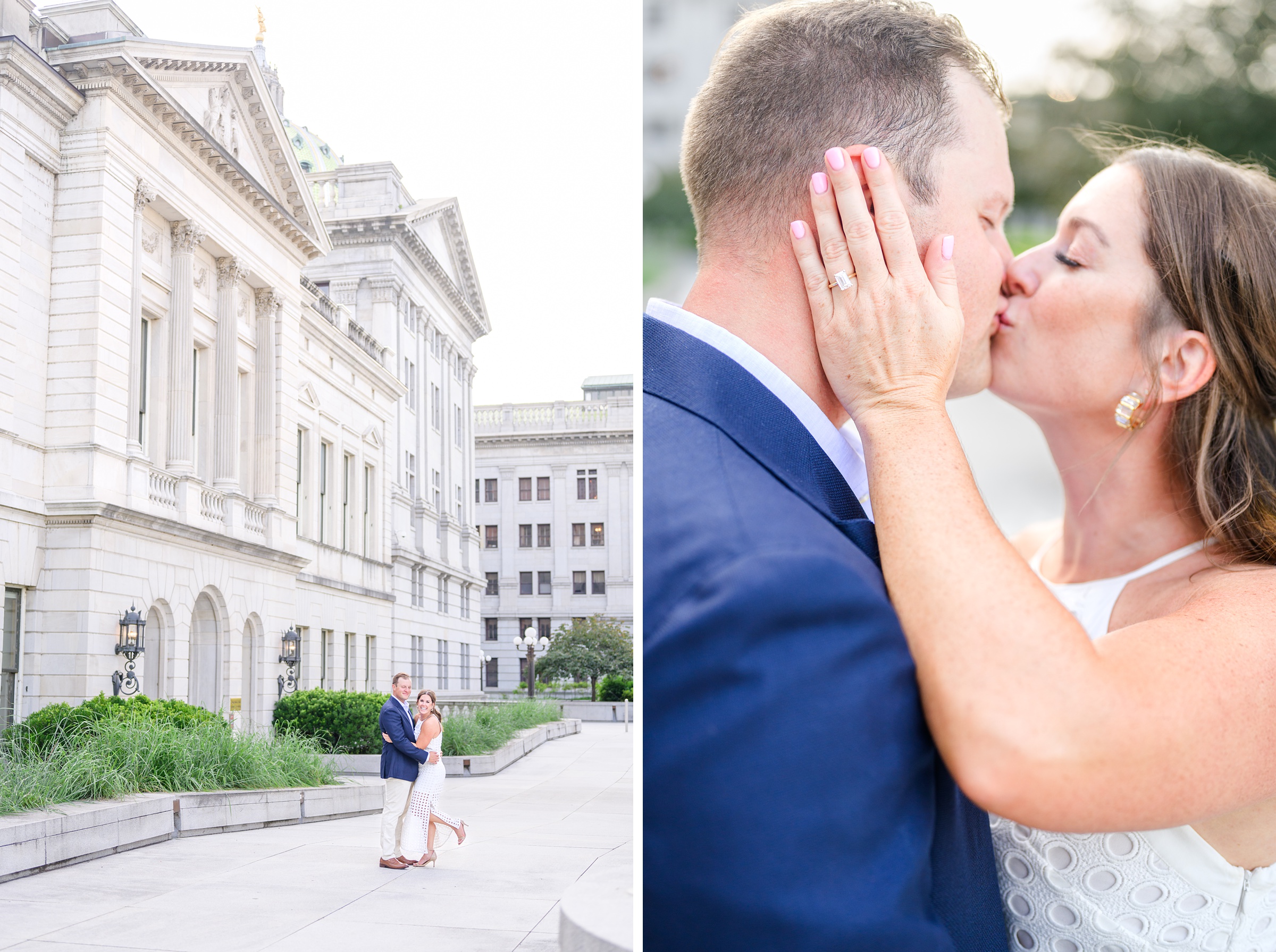 Engaged couple at the Pennsylvania State Capitol for their summer engagement session photographed by Baltimore Wedding Photographer Cait Kramer Photography.