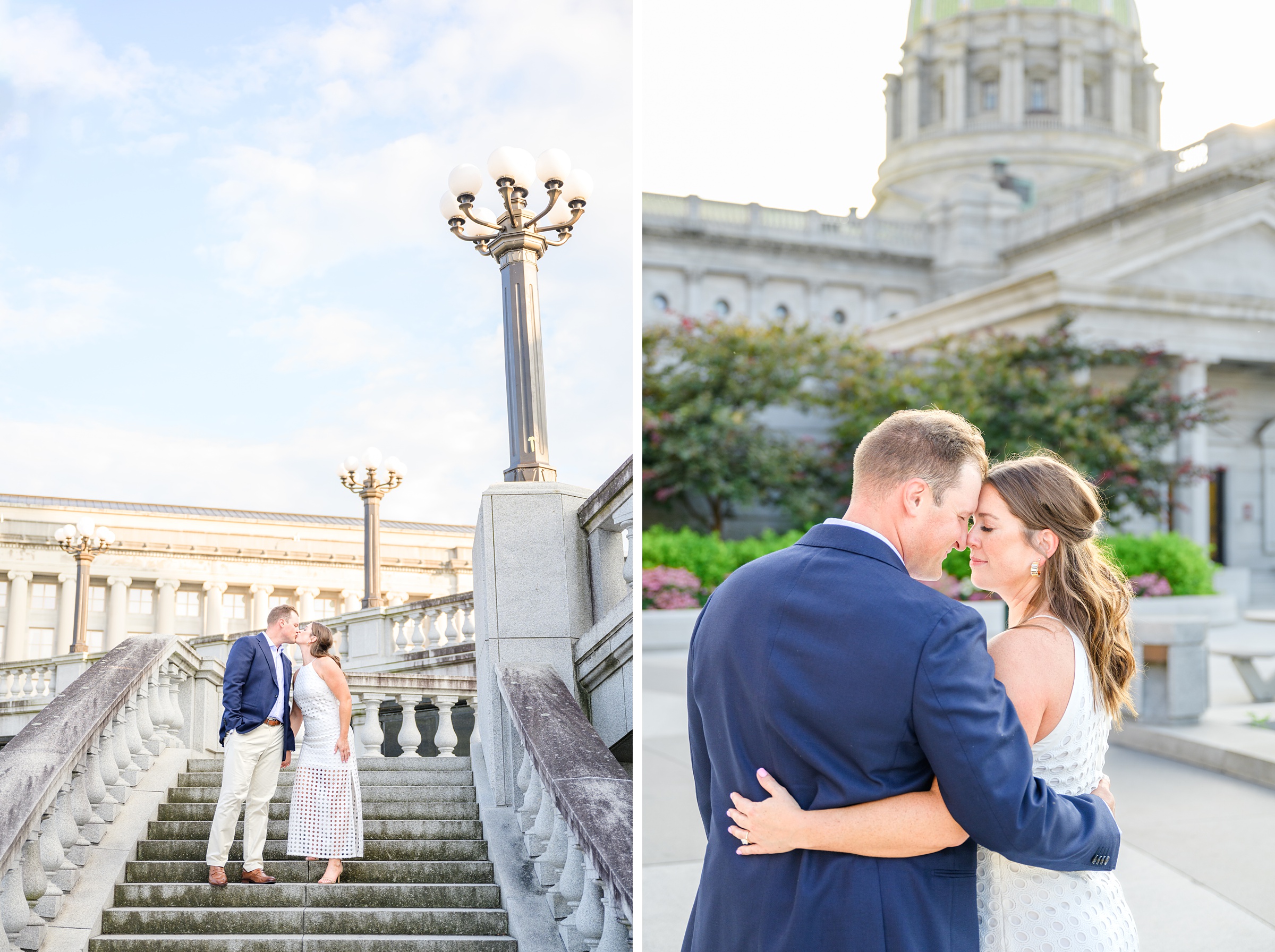 Engaged couple at the Pennsylvania State Capitol for their summer engagement session photographed by Baltimore Wedding Photographer Cait Kramer Photography.